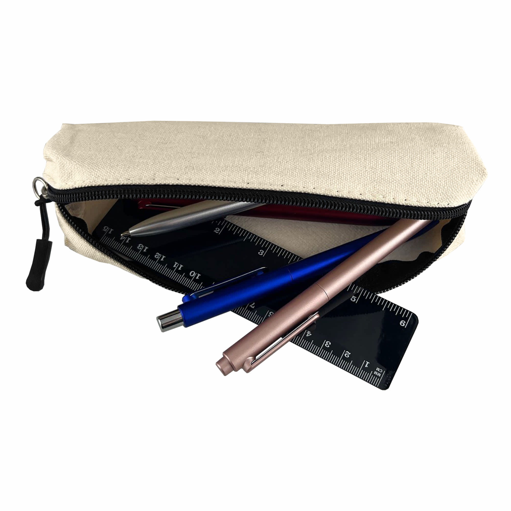 A cream canvas pencil case with pens, a ruler, and a zip closure, featuring a simple design.