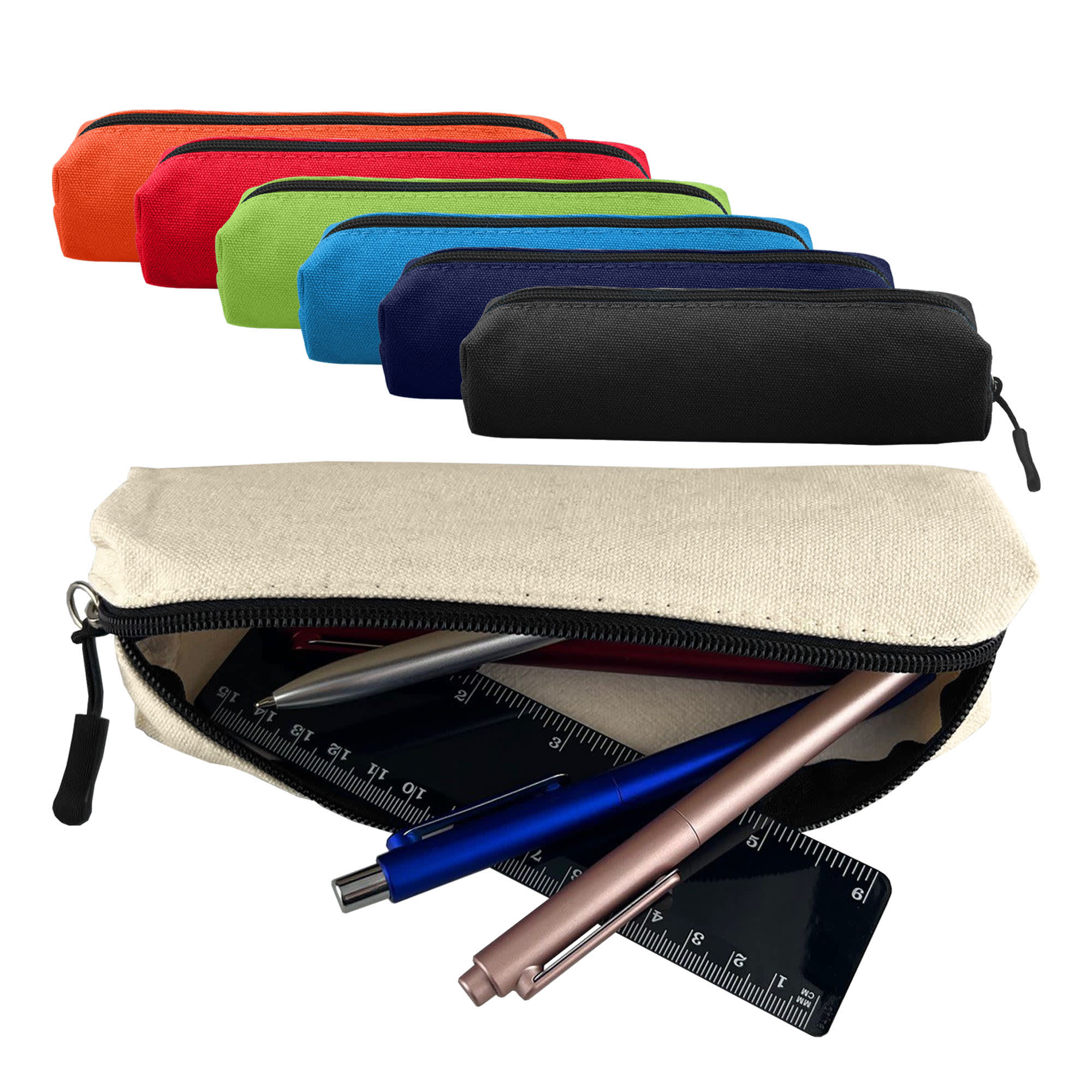 A selection of canvas tube pencil cases in various colours, featuring a black zip and contents including pens and a ruler.