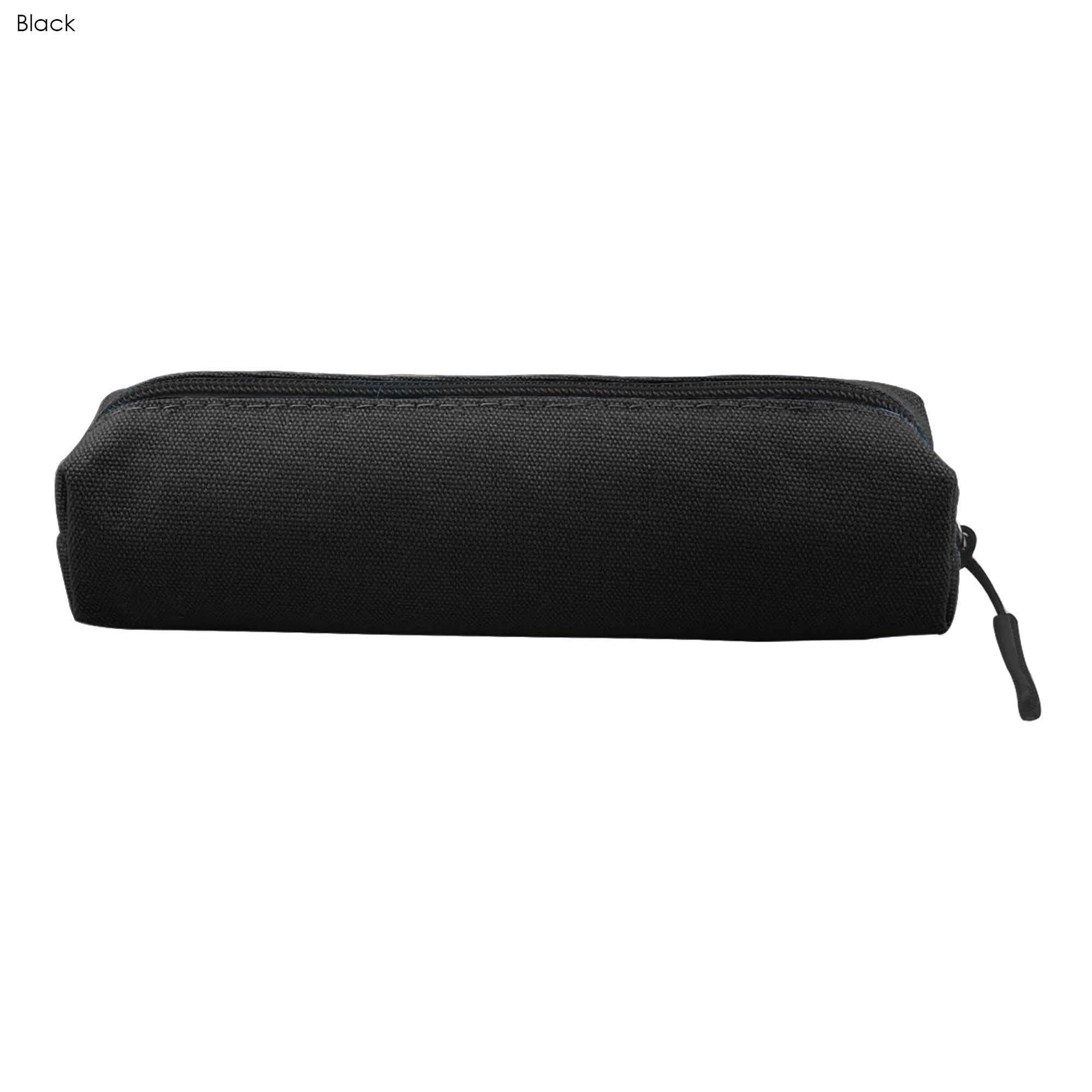A black canvas tube pencil case with a zipper closure. It features a branding logo.