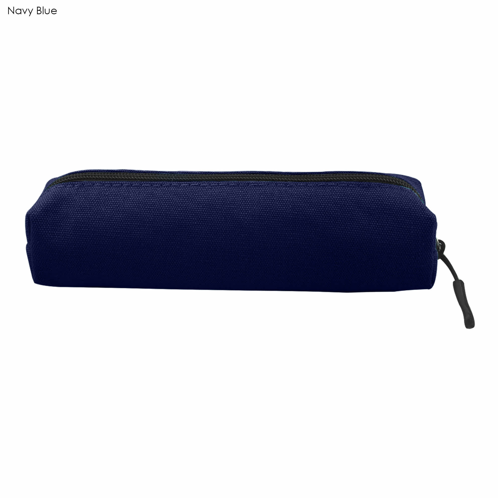 A navy blue canvas tube pencil case with a zip closure and a small pull tab. Features a logo.