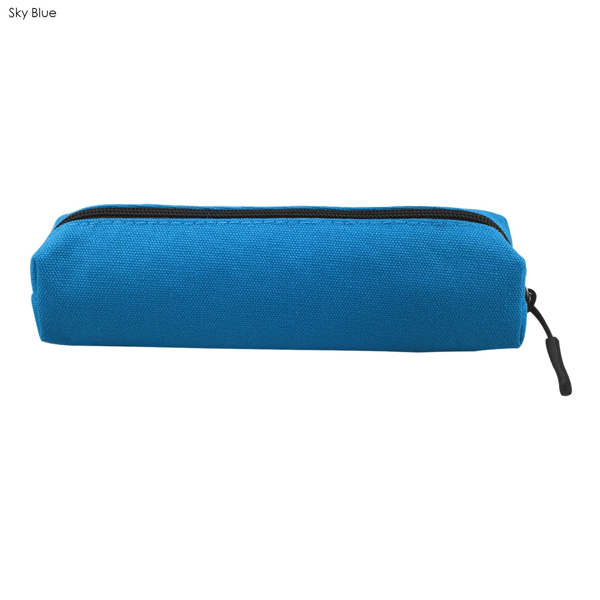A sky blue canvas tube pencil case with a zipper and a branding logo.