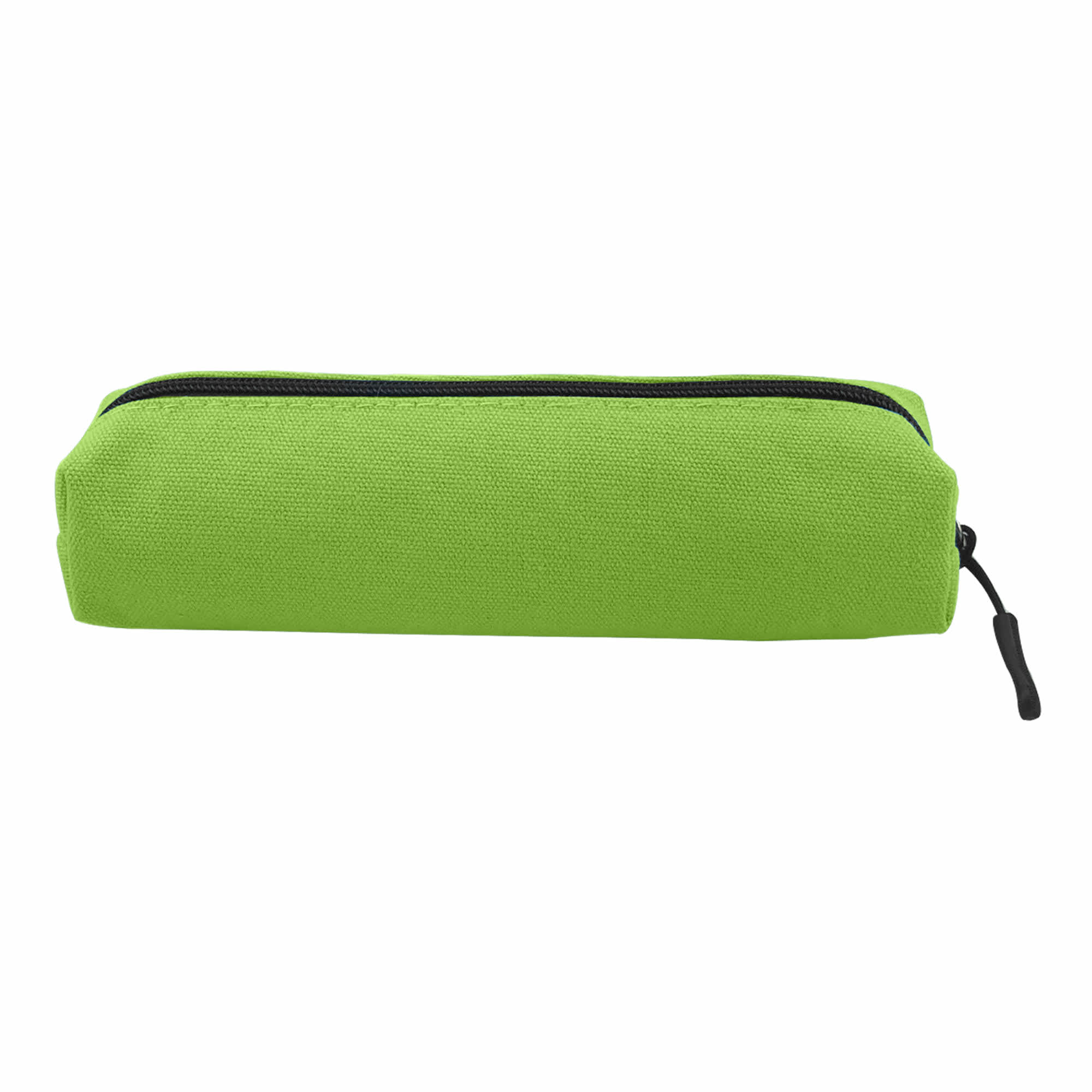 A green canvas tube pencil case with a black zipper and a small pull tab. Features a logo on the side.