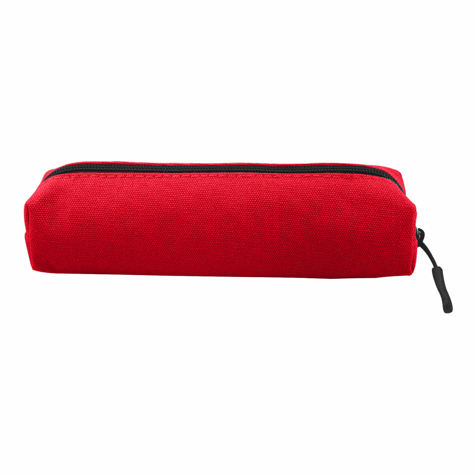 A red canvas tube pencil case with a black zipper, featuring a logo on one side.