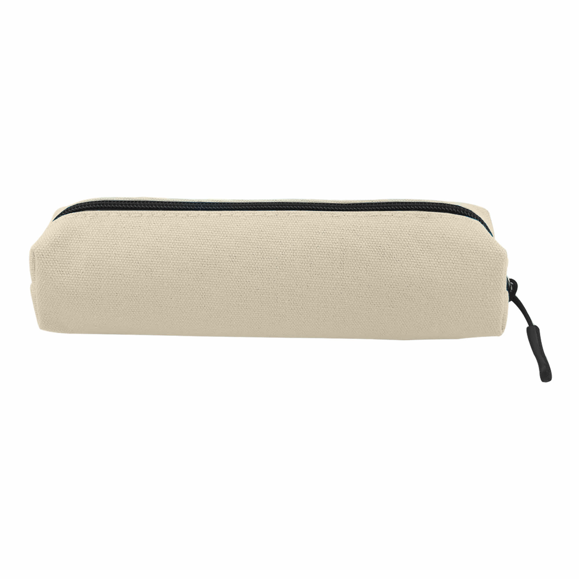 A canvas tube pencil case in beige with a black zip, featuring a small logo.