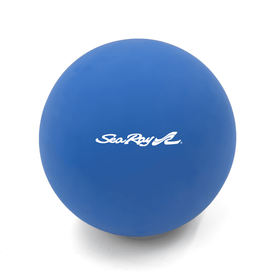 A blue high bounce ball with a logo. The surface is smooth and round, designed for fun and games.