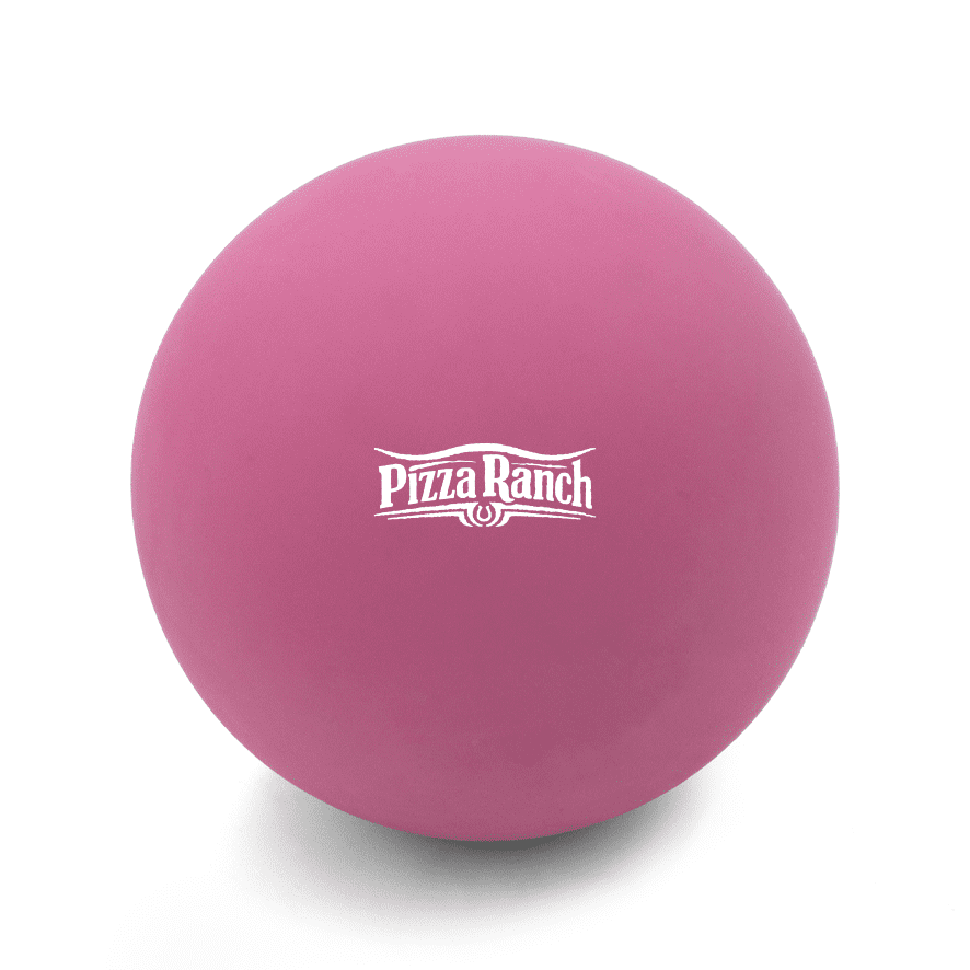 A pink high bounce ball with a logo on one side, designed for fun and games.