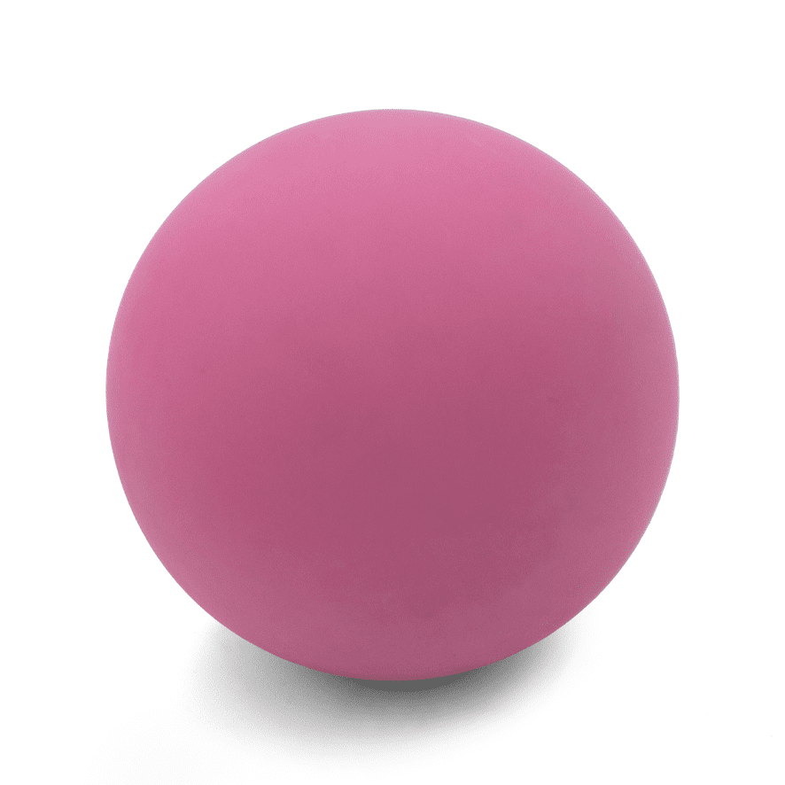 A pink high bounce ball with a smooth surface and rounded shape, featuring a logo.