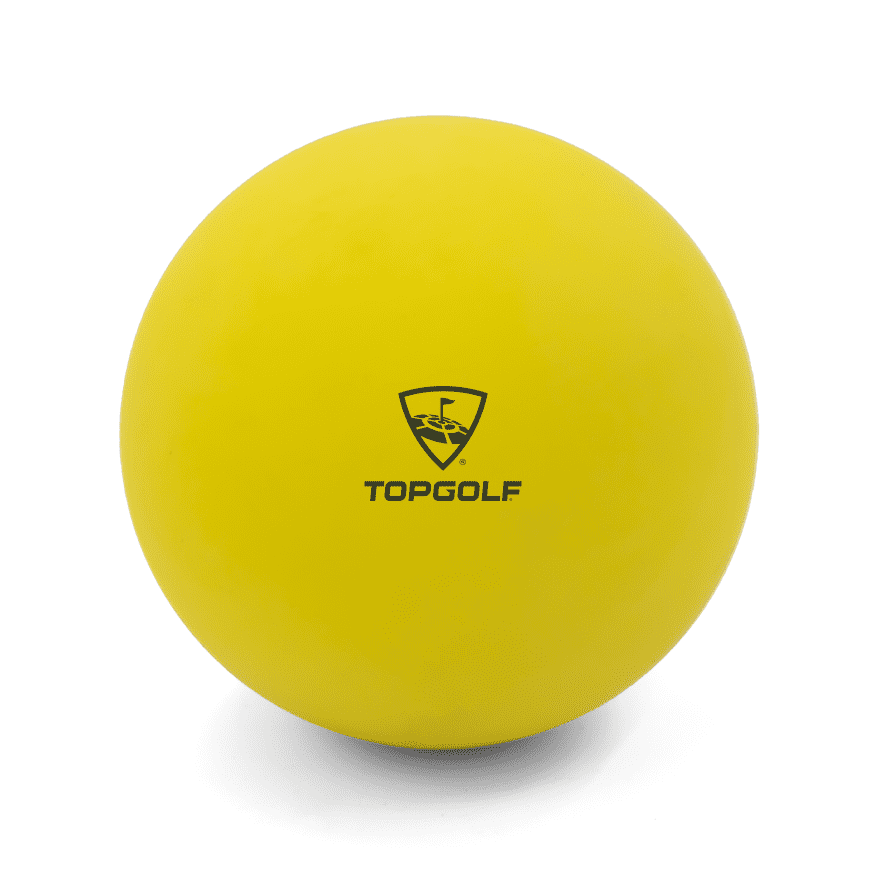 A bright yellow high bounce ball with a logo on one side.