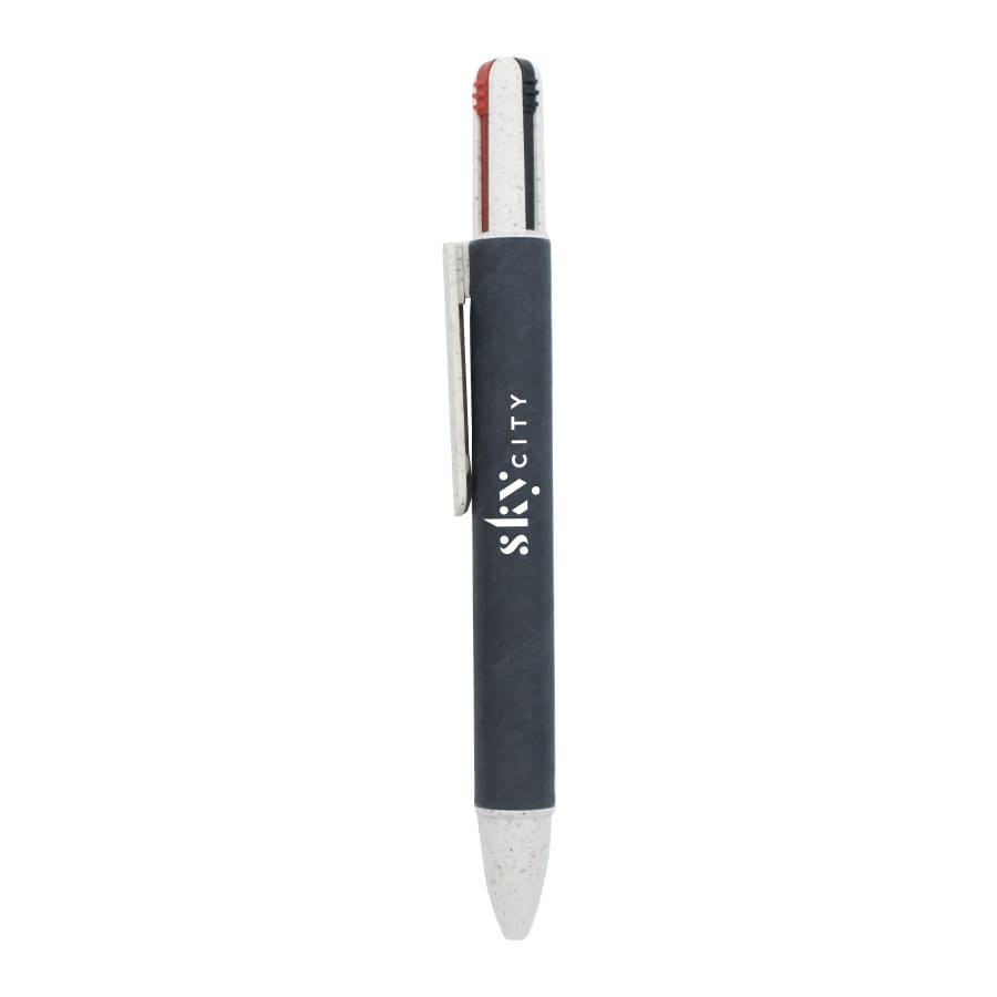 A four-colour eco-friendly pen in black and white, with a logo on the barrel.