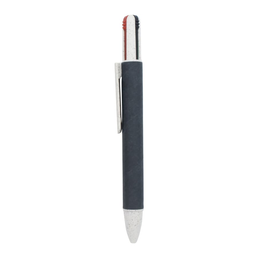 A four-way eco pen in black with a grey barrel and red and blue tips, featuring a silver clip.