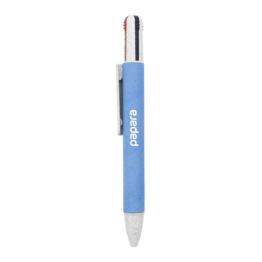 A blue eco pen with a clip, featuring a logo, and made from sustainable materials.