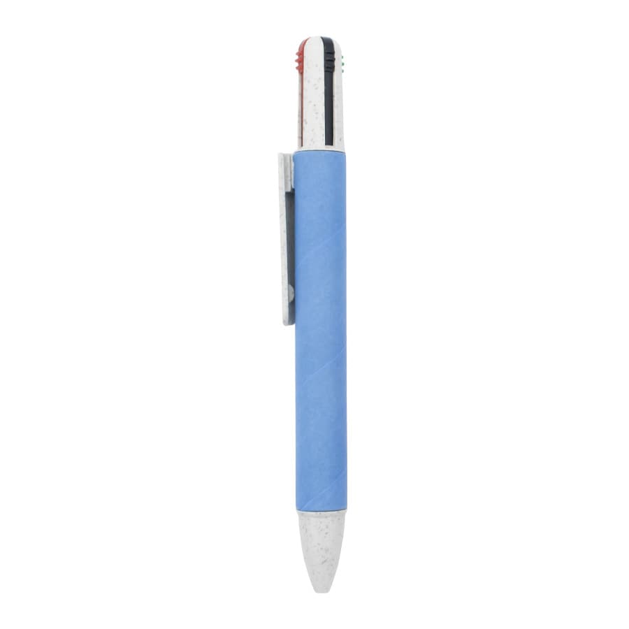 A blue eco-friendly pen with a grey clip and multi-colour writing tips. It features a logo on its body.