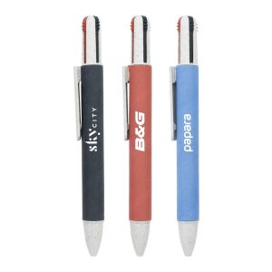 Three eco pens in various colours: black, red, and blue, each with a clip and a logo on the barrel.