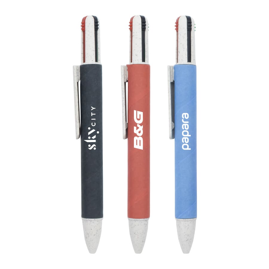 Three eco pens in various colours: black, red, and blue, each with a clip and a logo on the barrel.