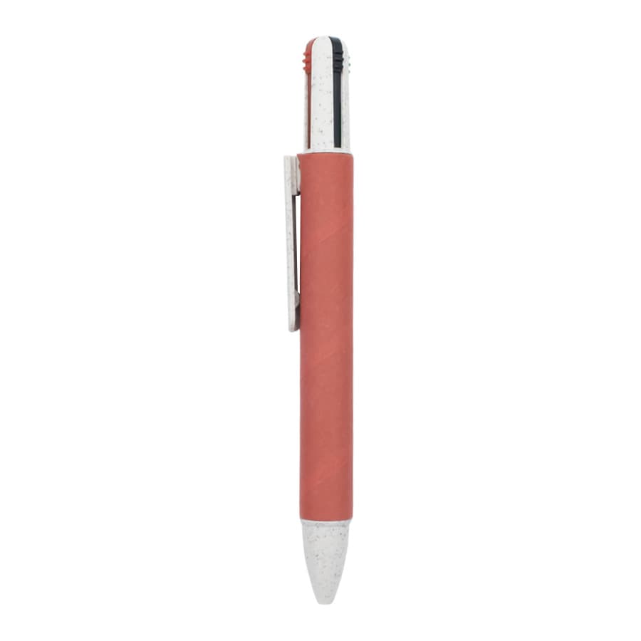 A pink and white eco pen featuring a clip, with an embedded logo on the barrel.