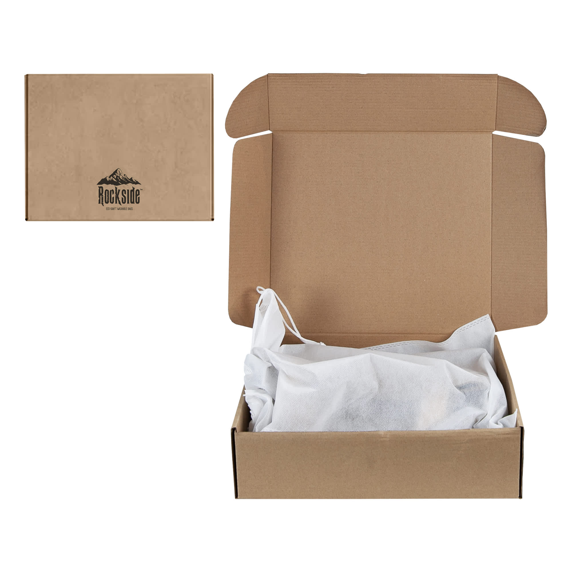 A kraft paper box with a logo, opened to reveal white tissue paper inside. The box is in a neutral brown colour.
