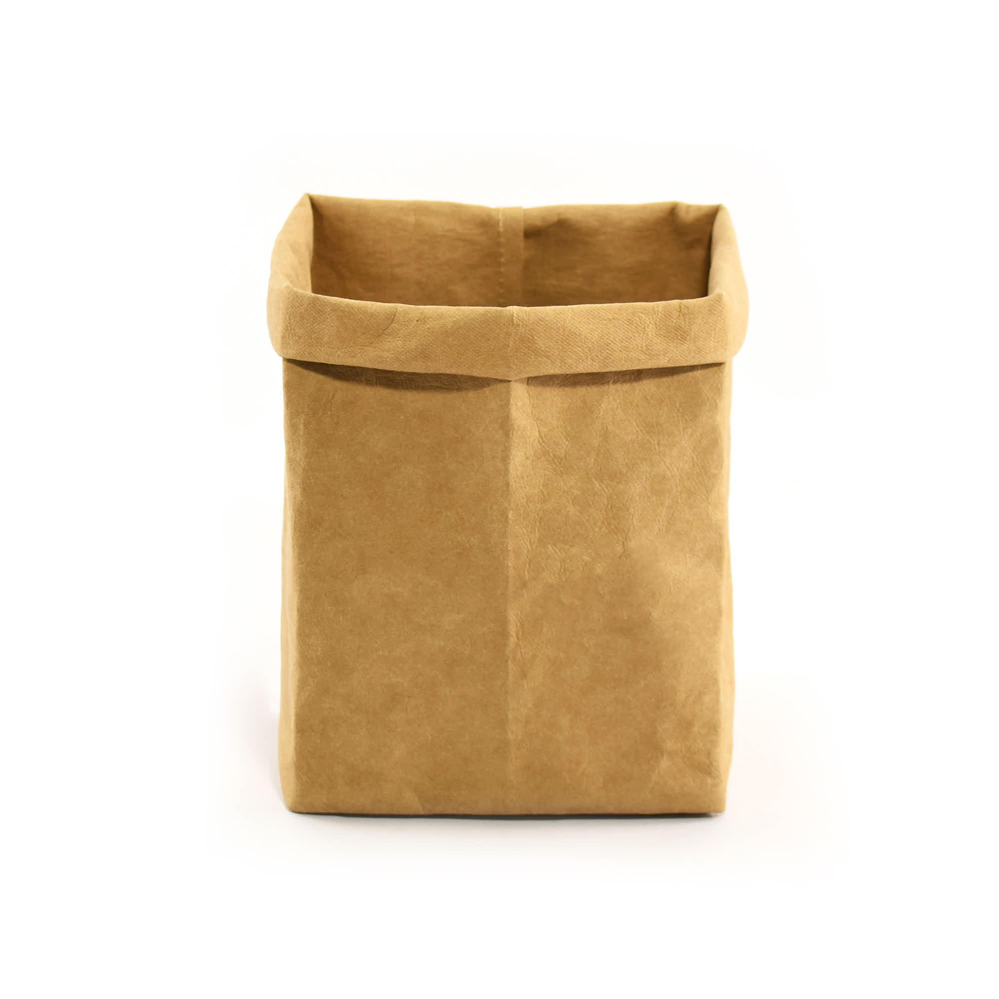 A kraft paper storage bag in a warm brown hue with a folded top edge and no visible branding.
