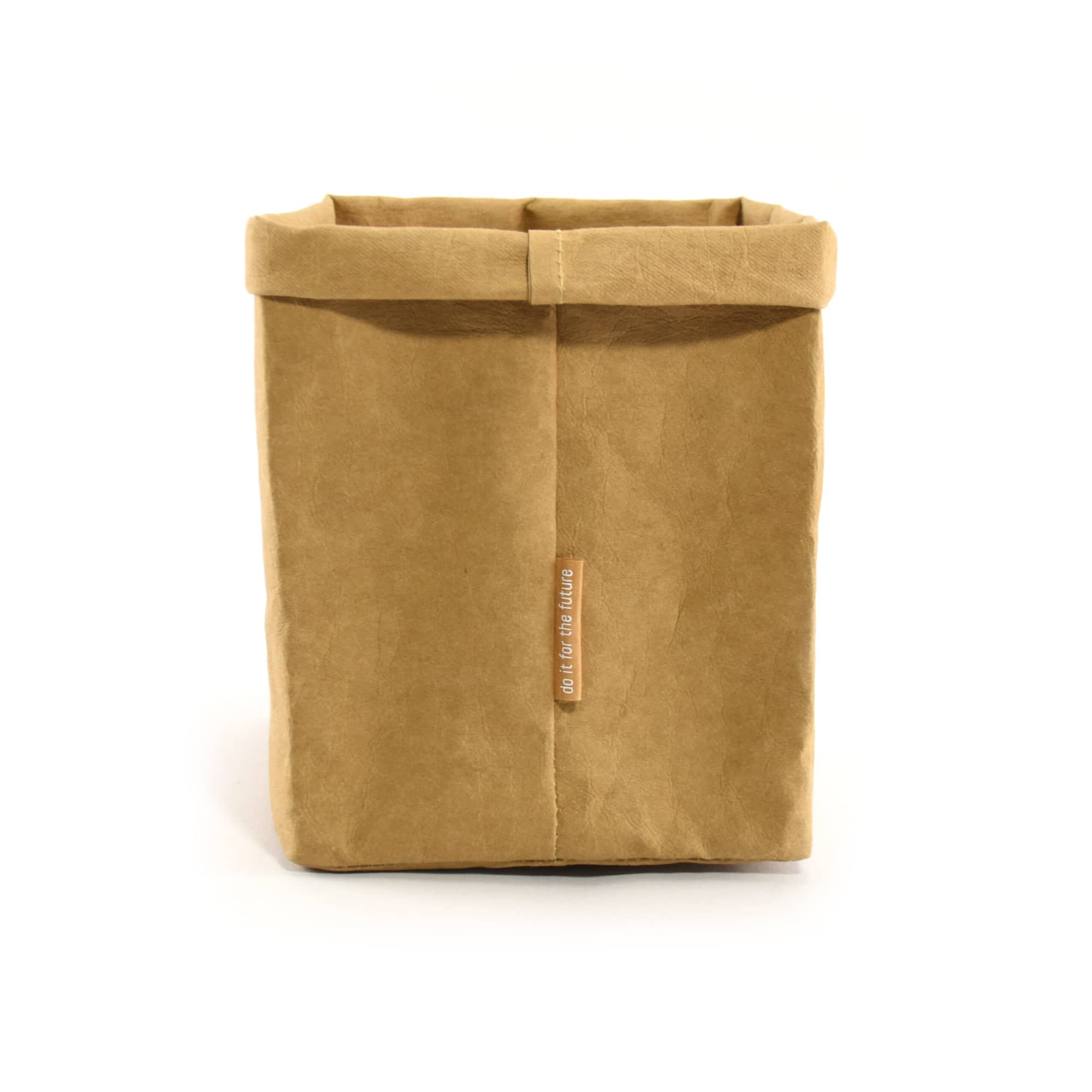 A kraft paper storage bag in a tan colour, featuring a folded top and a visible logo on the side.