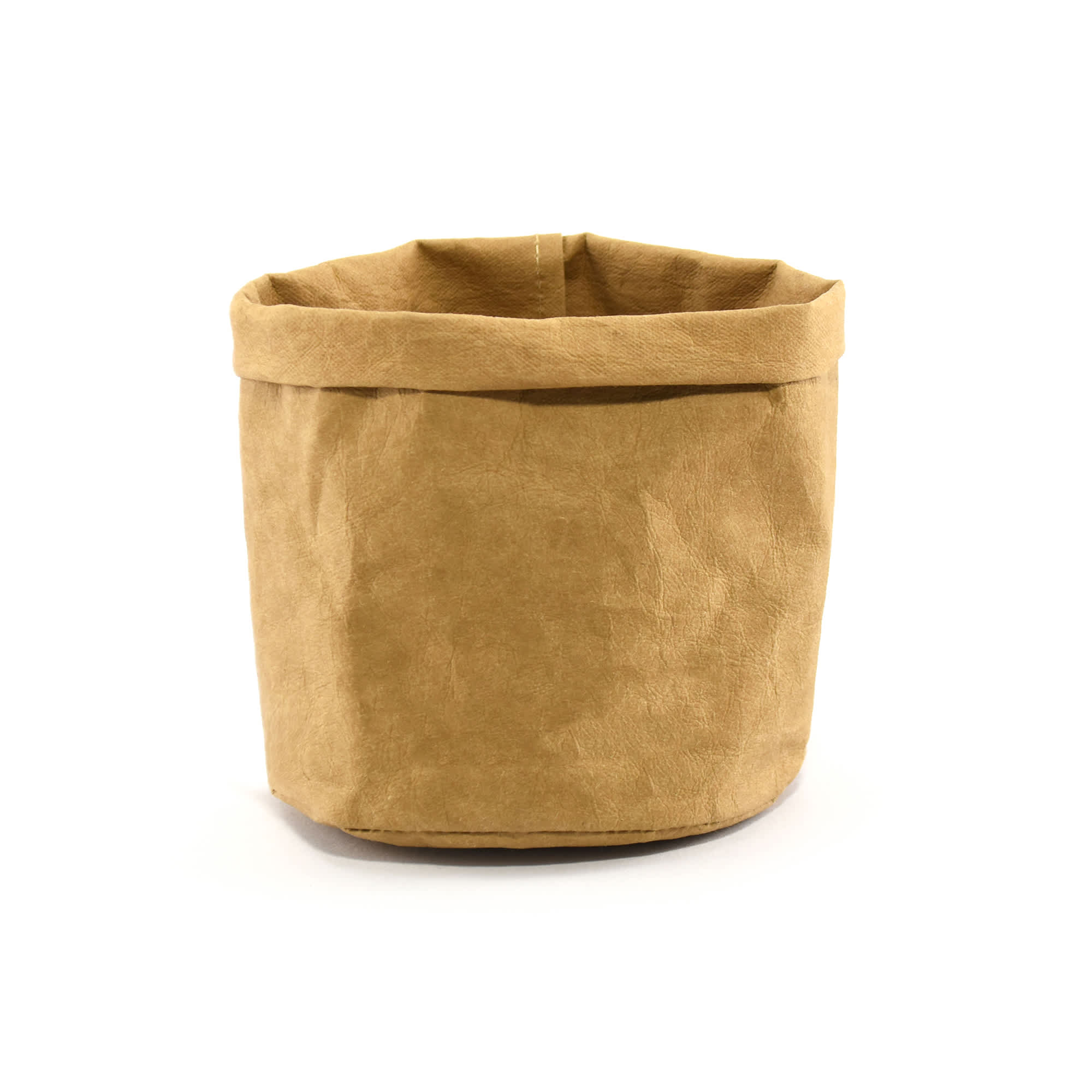 A brown kraft paper storage bag with a flexible top edge, featuring a smooth, textured finish. It has a simple design and a logo.