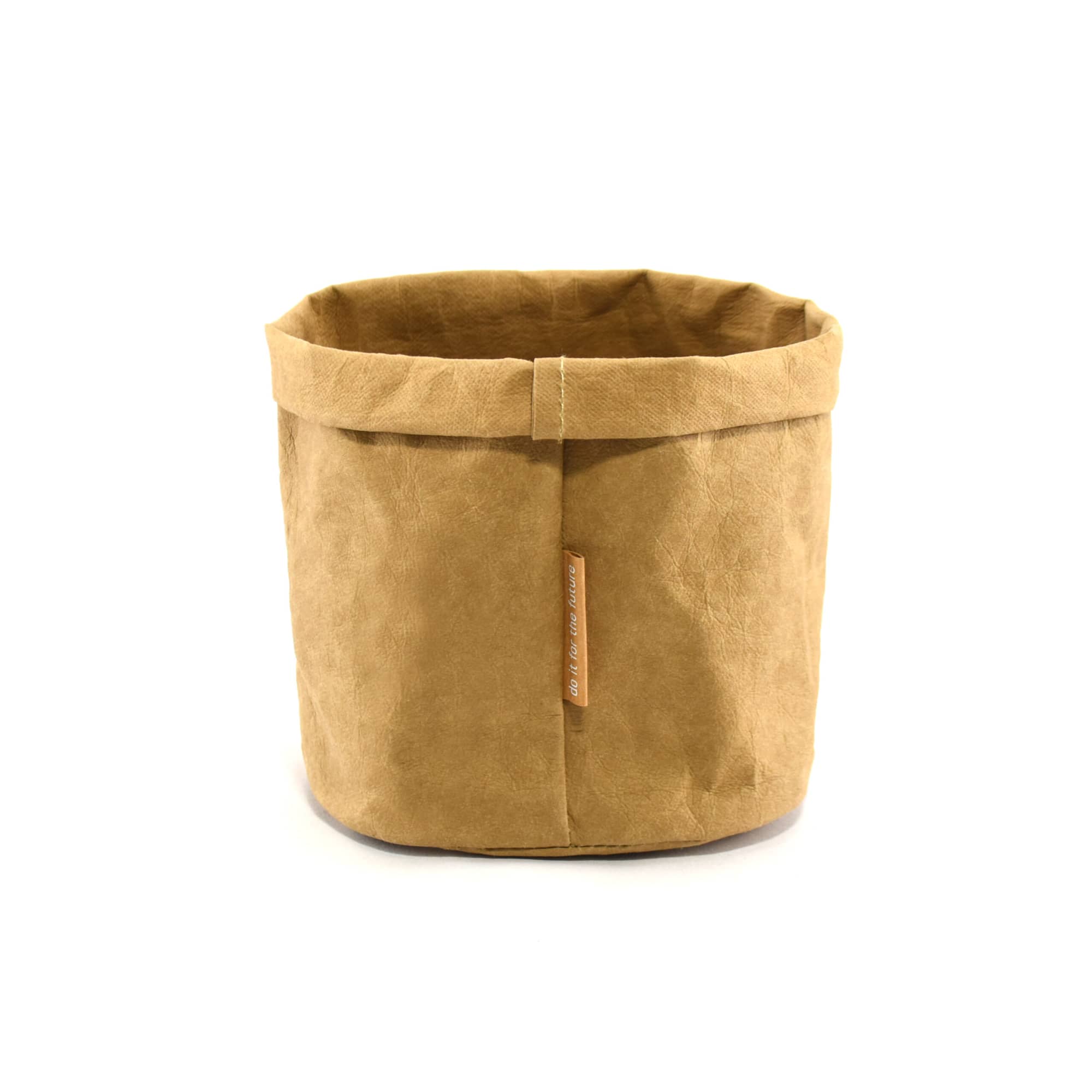 A tan kraft paper storage bag with a simple design and a small logo tag.