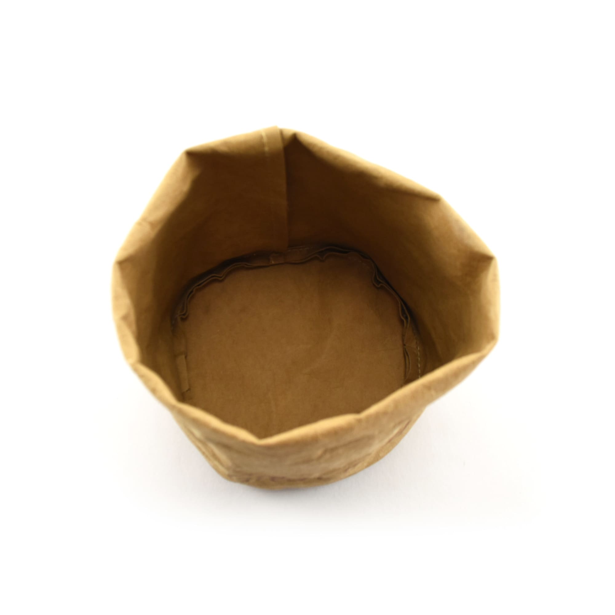 A brown kraft paper storage bag with a wide opening and a flat base, displaying a natural, textured finish.