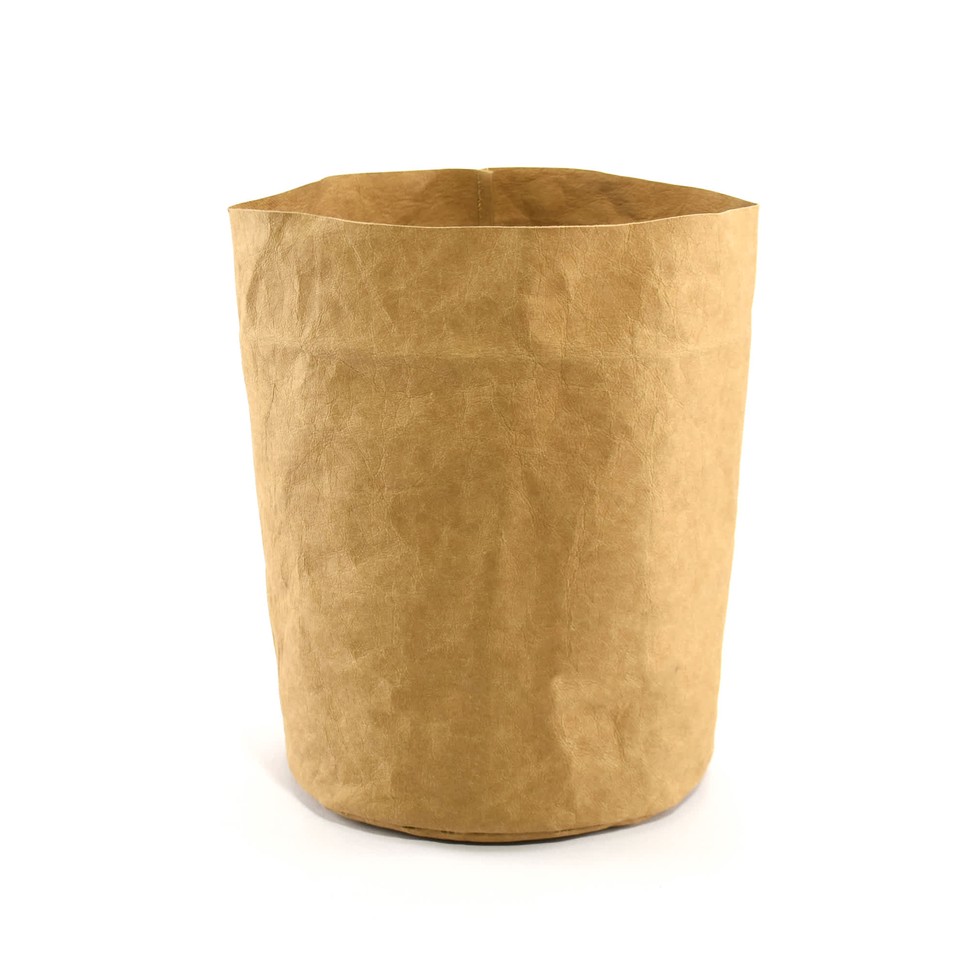 A brown kraft paper storage bag with an open top and a textured finish, featuring a branding logo.