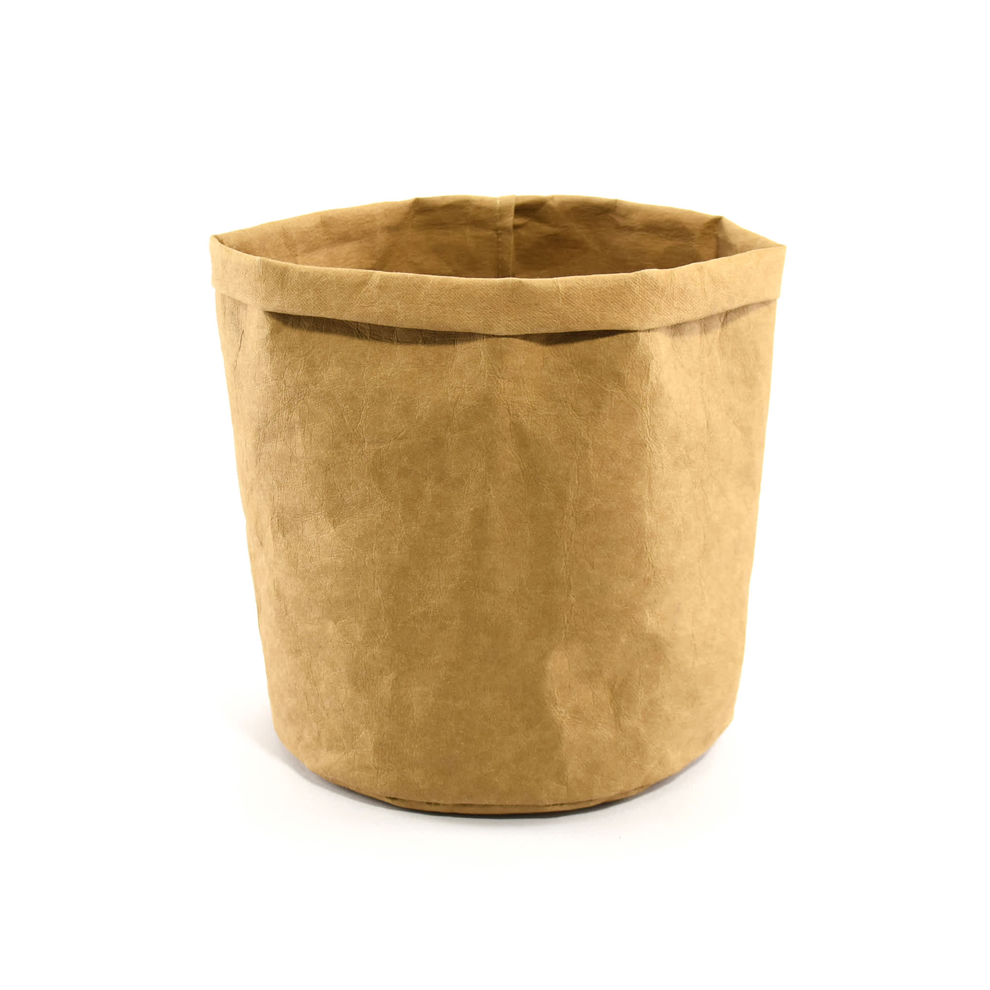 A tan Kraft paper storage bag with a folded top edge, featuring a simple design and a soft, textured finish.