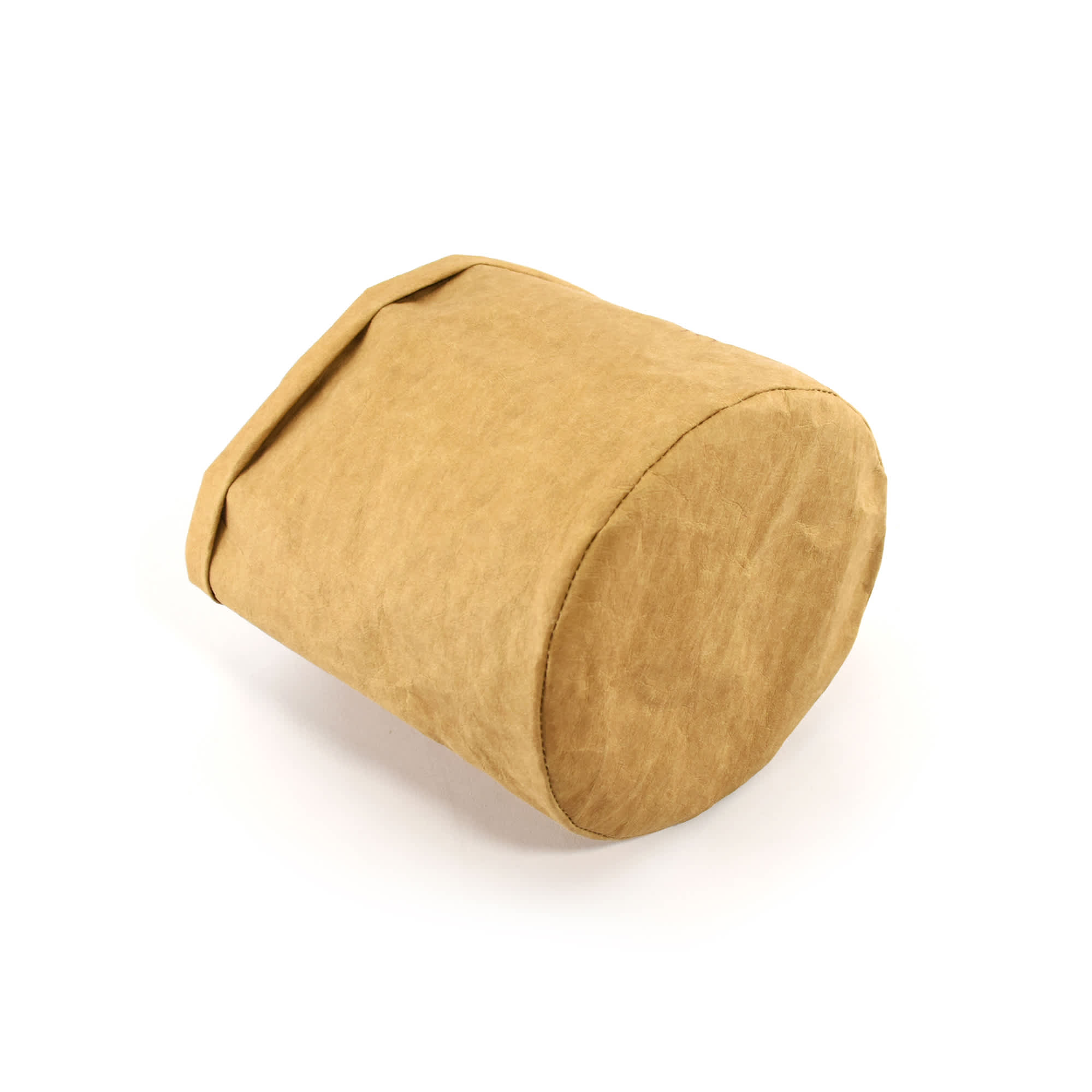 A round, brown kraft paper storage bag with a crumpled texture and a fold-over top. It has a simple design.