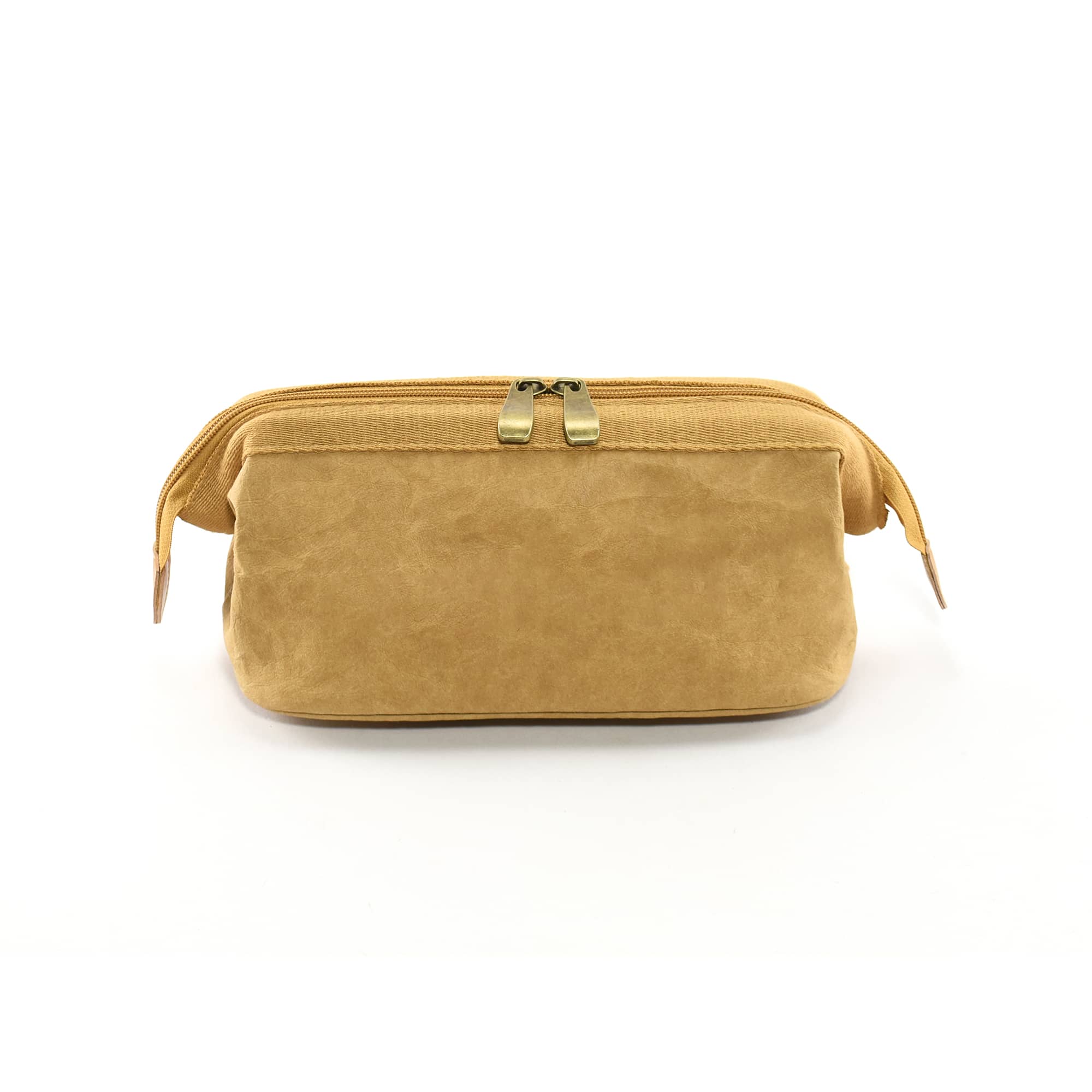 A tan Kraft paper cosmetic bag with a zip closure and a small logo on the front.