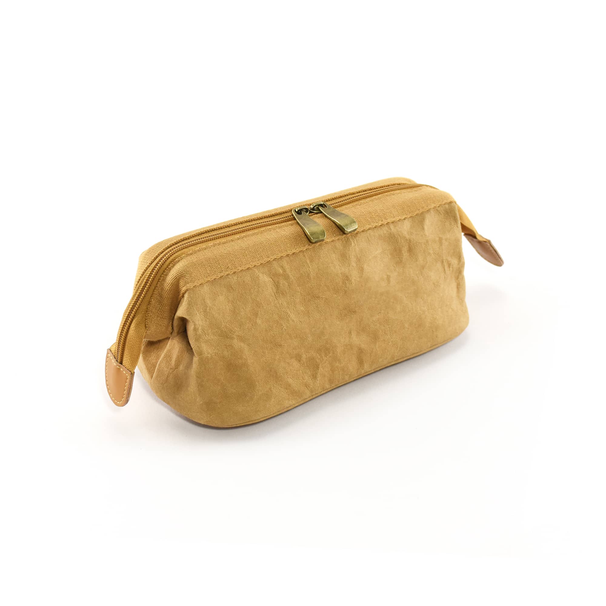 A tan Kraft paper cosmetic bag with a zip closure and leather accents, featuring a simple design.
