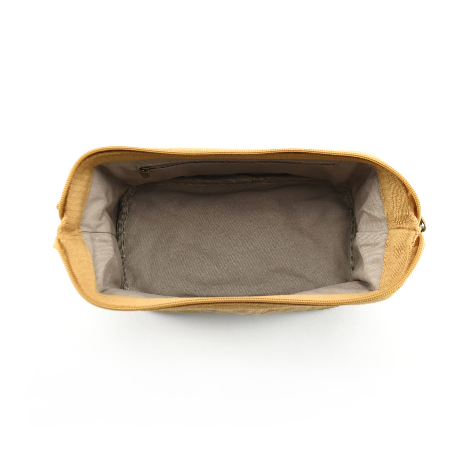 A kraft paper cosmetic bag in a warm brown shade with a grey interior, featuring a zip closure and no visible branding.