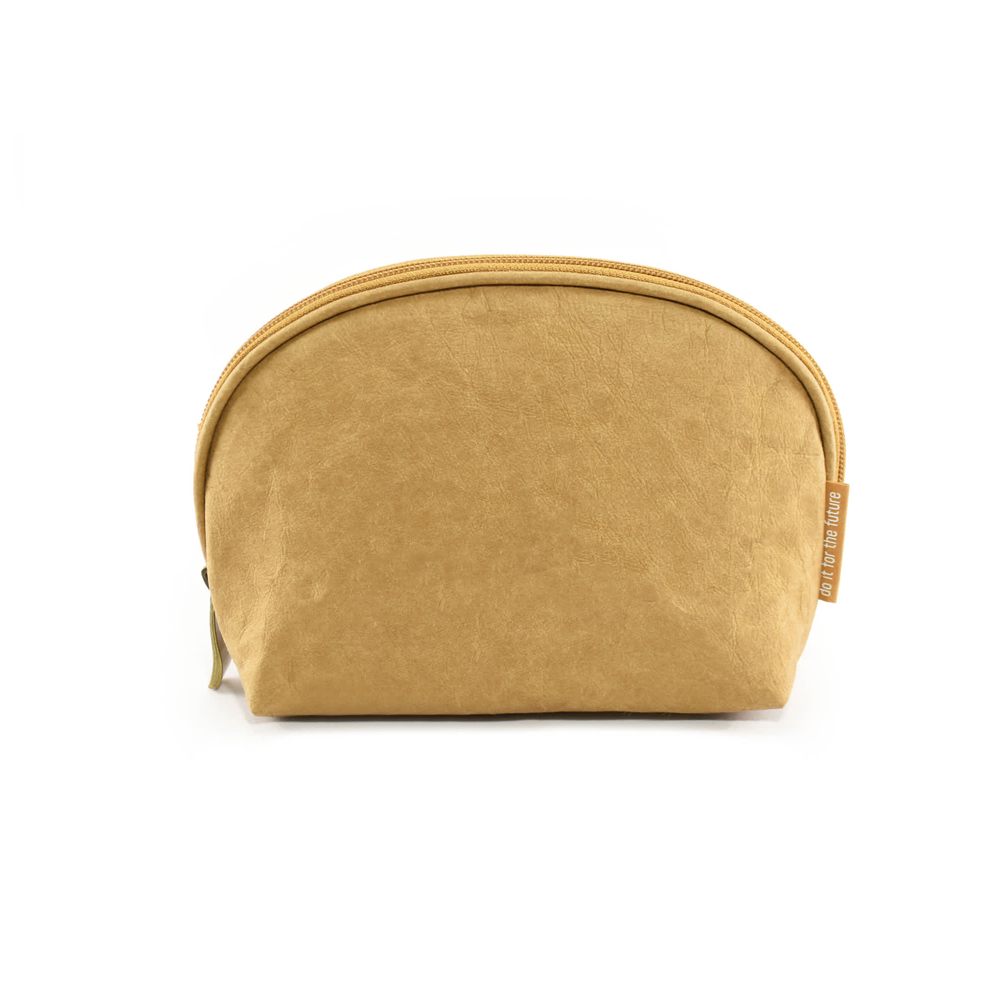 A yellow kraft paper cosmetic bag with a rounded shape and a zipper closure, featuring a branded tag.