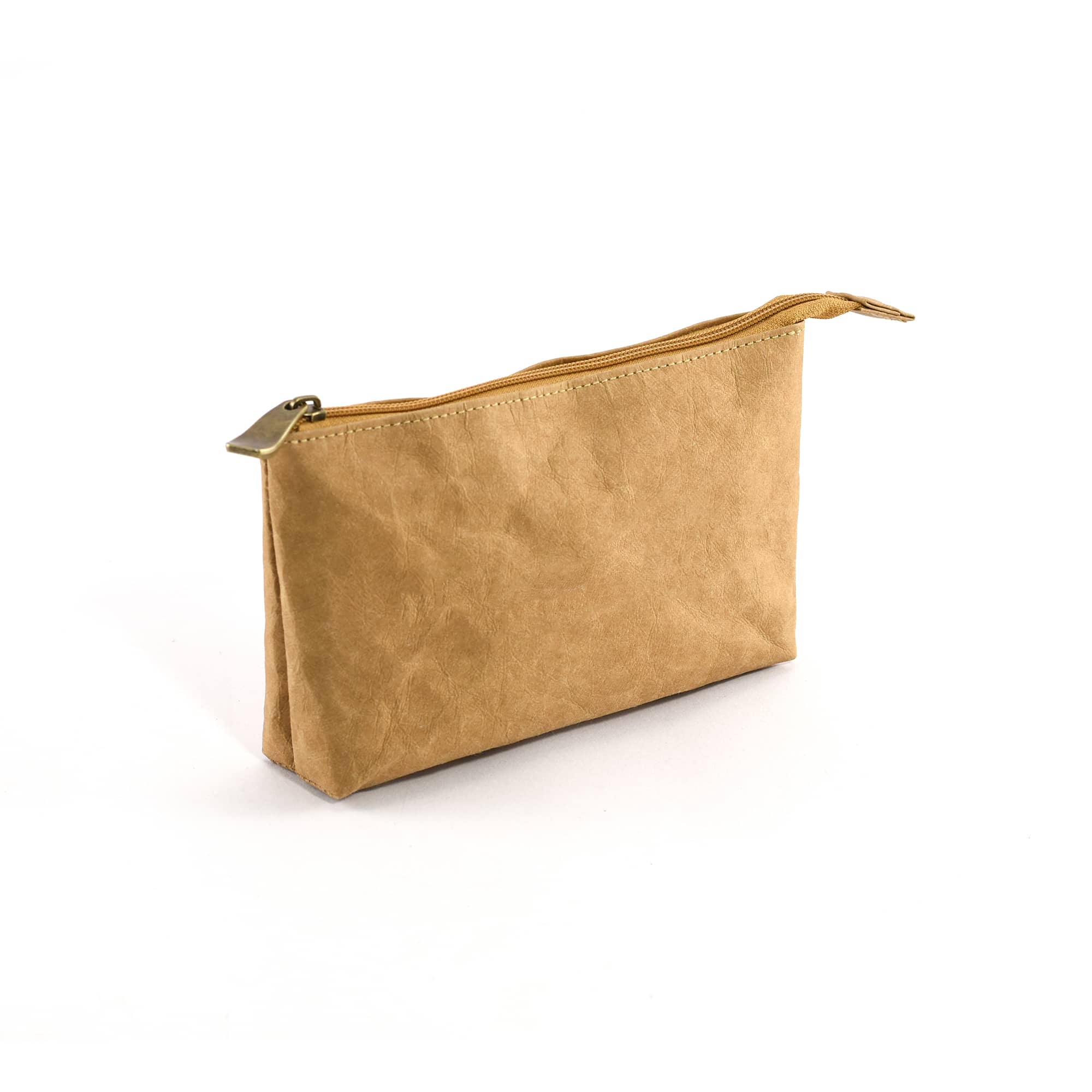 A tan Kraft paper cosmetic bag with a zip closure, featuring a flat design and a subtle texture.