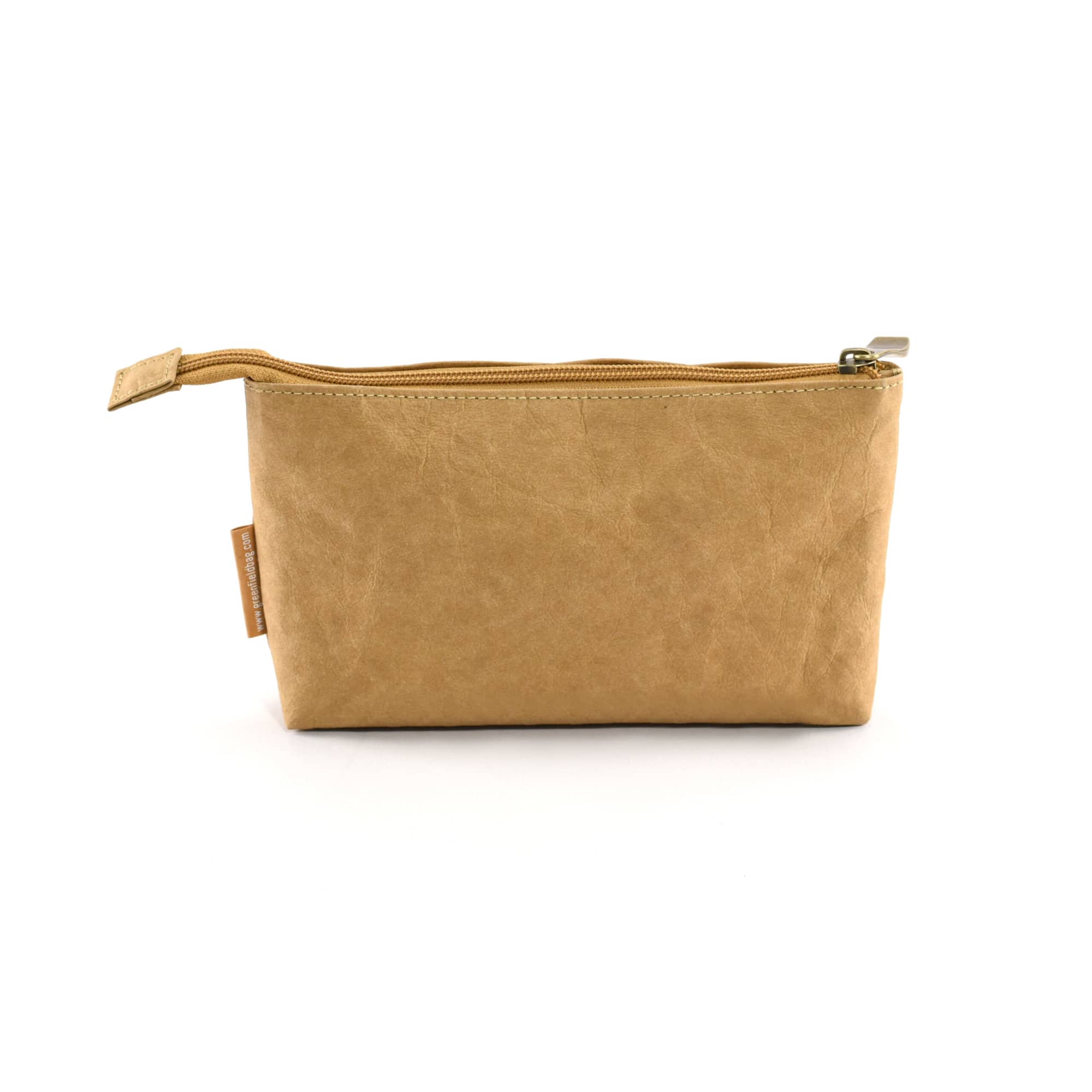A tan Kraft paper cosmetic bag with a zip closure and a small tag, featuring a minimalist design.