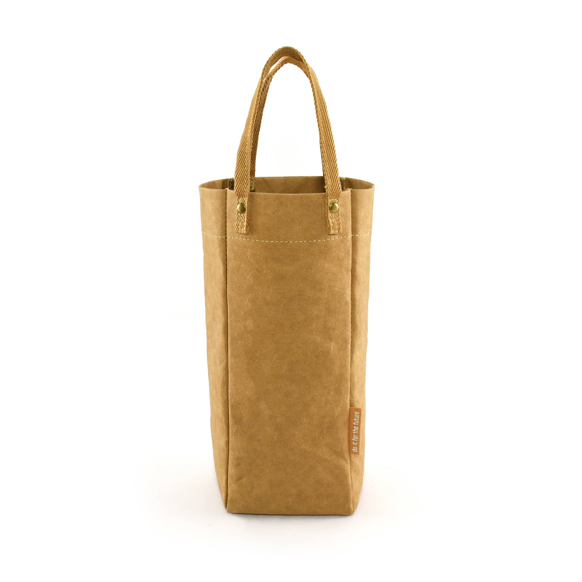 A drink bottle carrier bag made of kraft paper in a tan colour, featuring two handles and a logo.