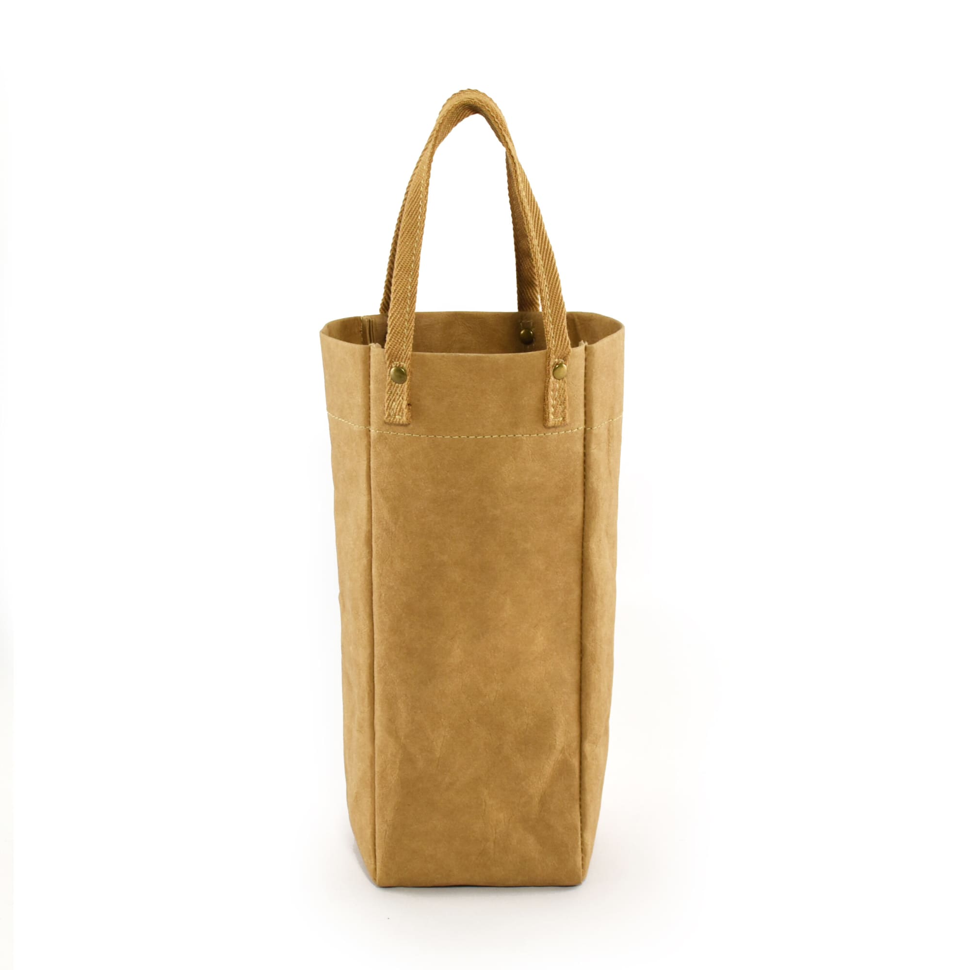 A drink bottle carry bag in a light brown kraft paper with two sturdy handles and a simple design.