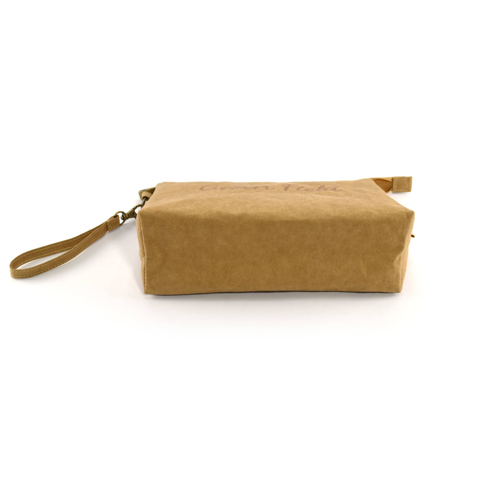 A beige kraft paper cosmetic bag with a wrist strap and a logo, featuring a rectangular shape.