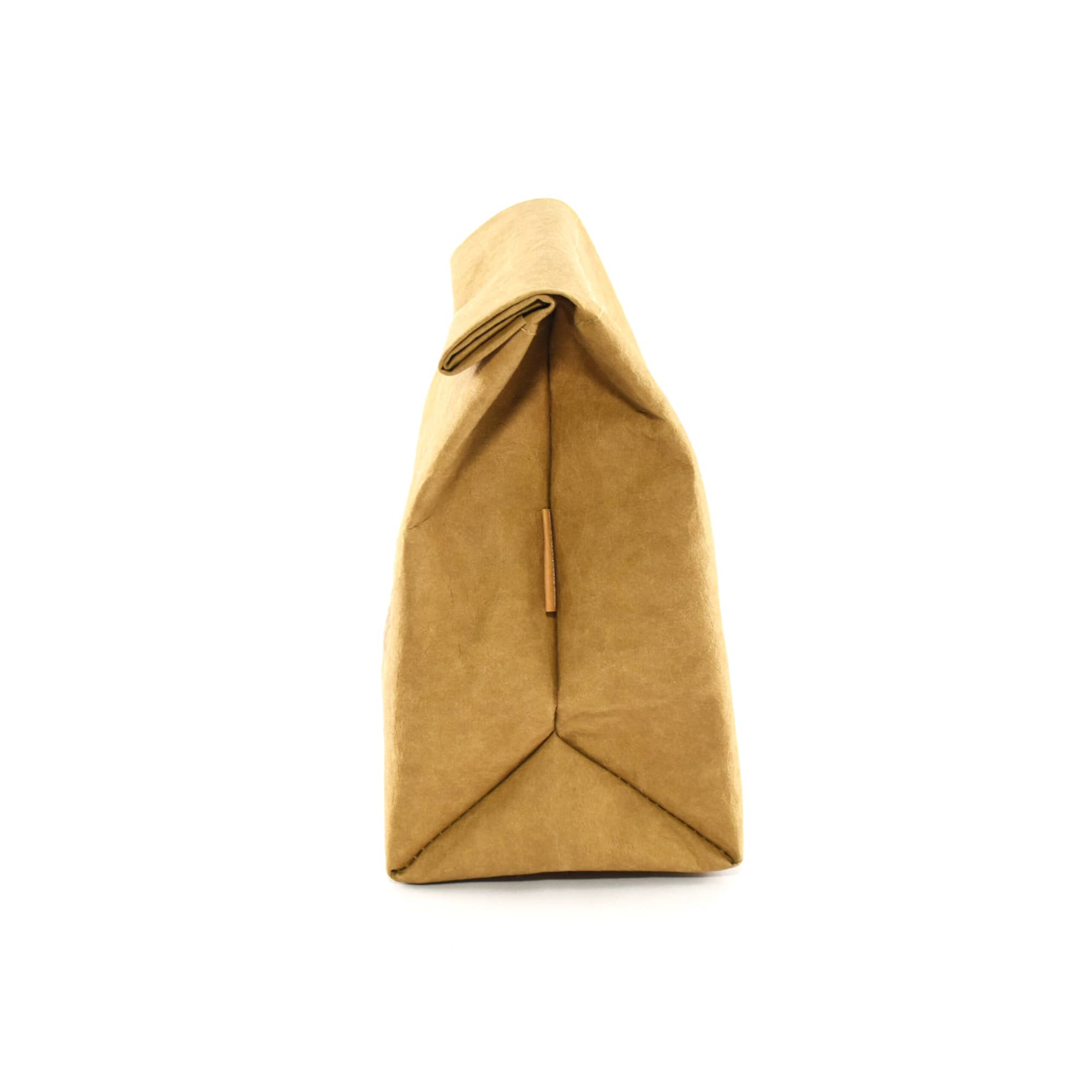 A kraft paper cooler bag with a triangular base and a fold-over closure, featuring a simple design and a natural colour.