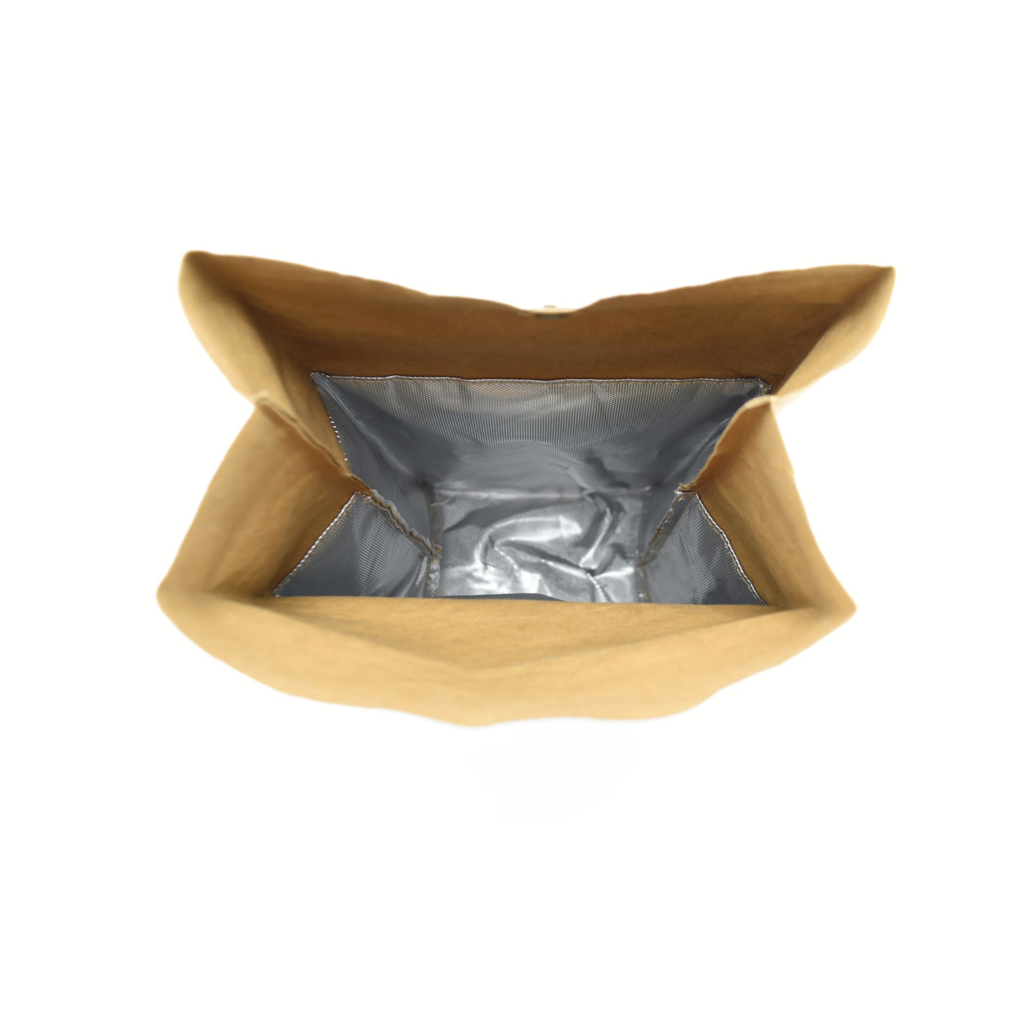 A lunch bag with a kraft paper exterior and a shiny silver insulated interior, featuring a simple design and no visible branding.