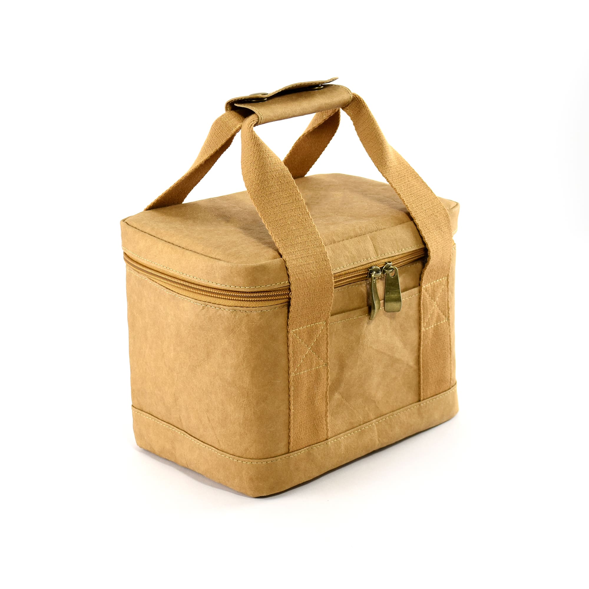 A kraft paper lunch cooler bag in a natural brown shade with a zip closure and dual handles.