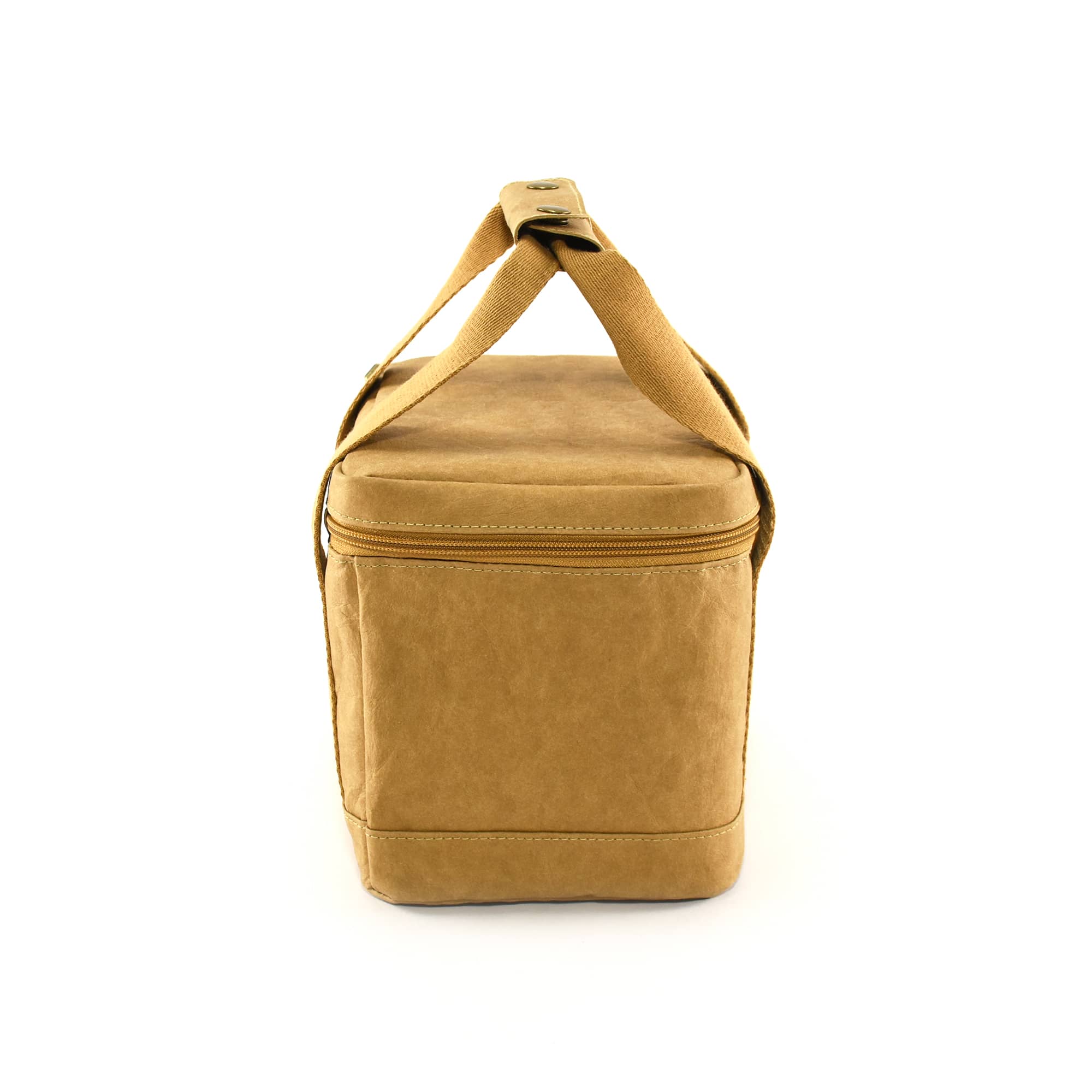 A kraft paper lunch cooler bag in a tan colour with a detachable handle and zipper closure.