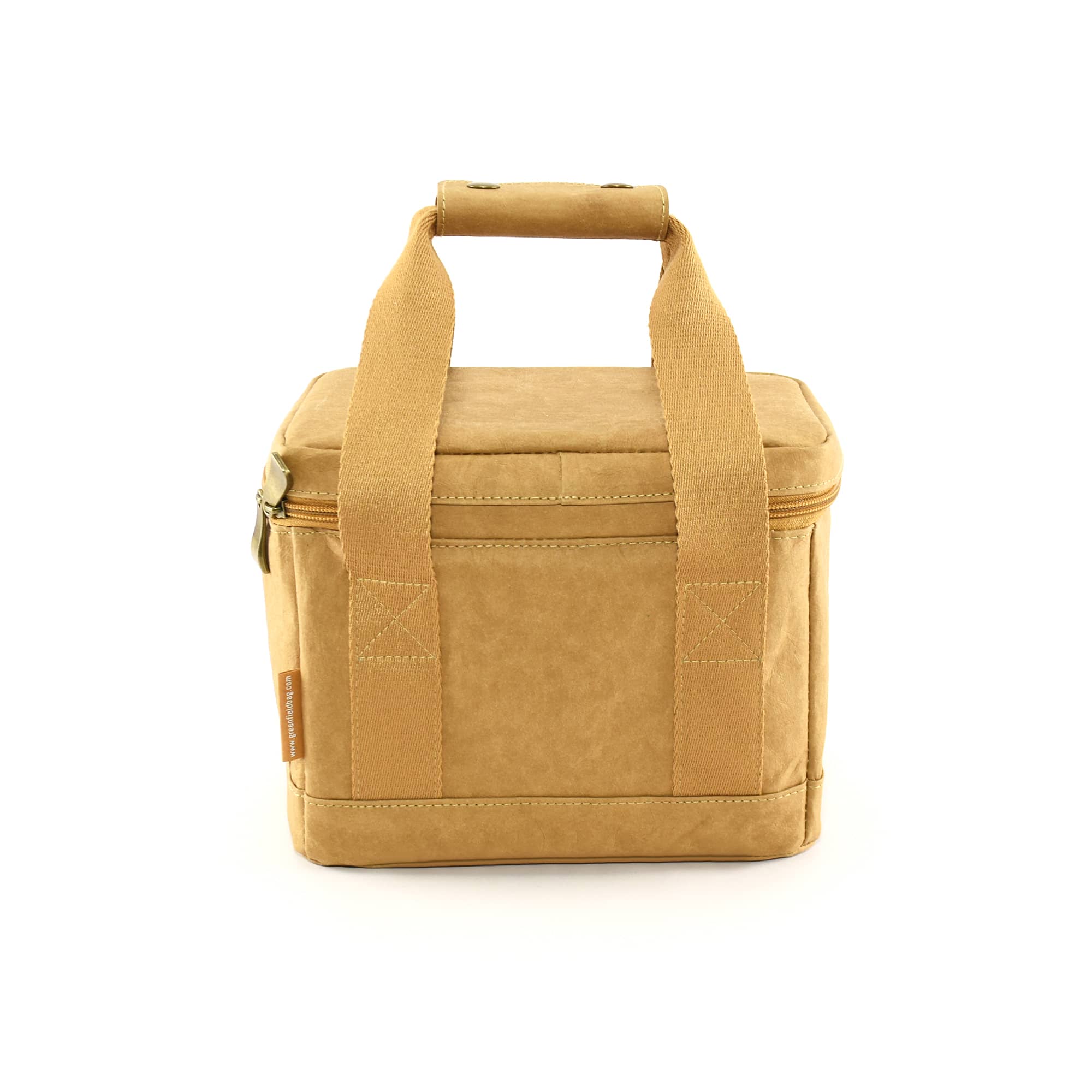 A tan kraft paper lunch cooler bag with sturdy handles and a zipper closure. Features a logo on the side.