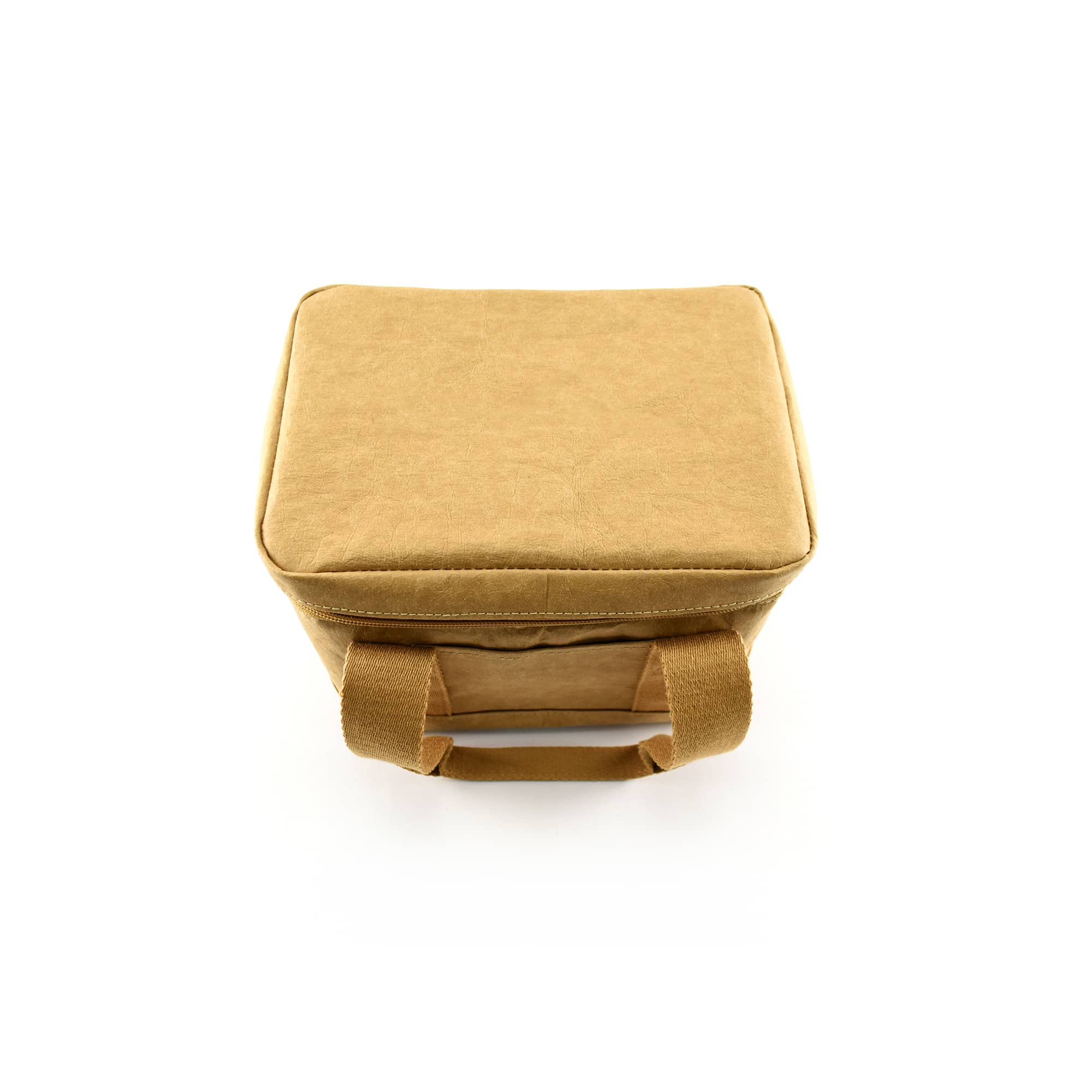 A brown kraft paper lunch cooler bag with sturdy handles and a square shape, featuring a logo.