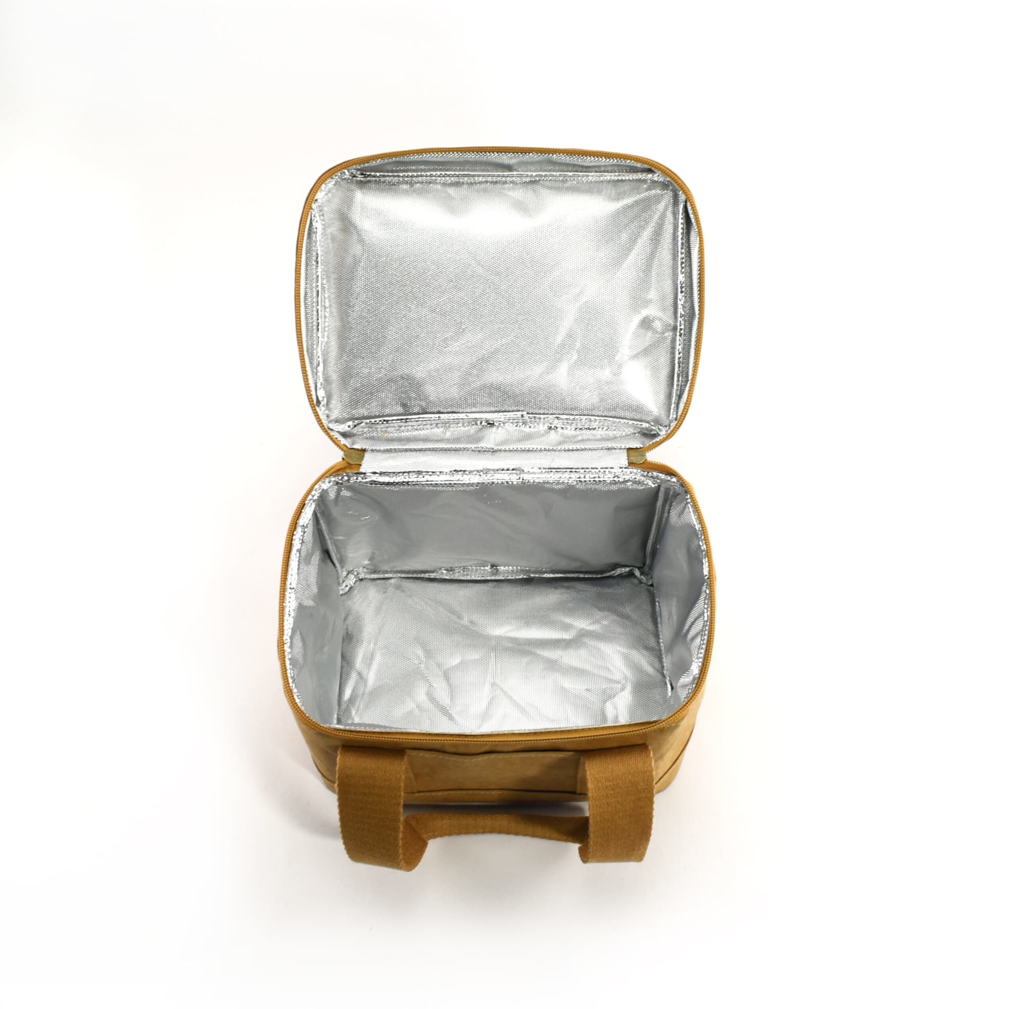 A brown kraft paper lunch cooler bag with a silver insulated interior and handles, featuring an open top.
