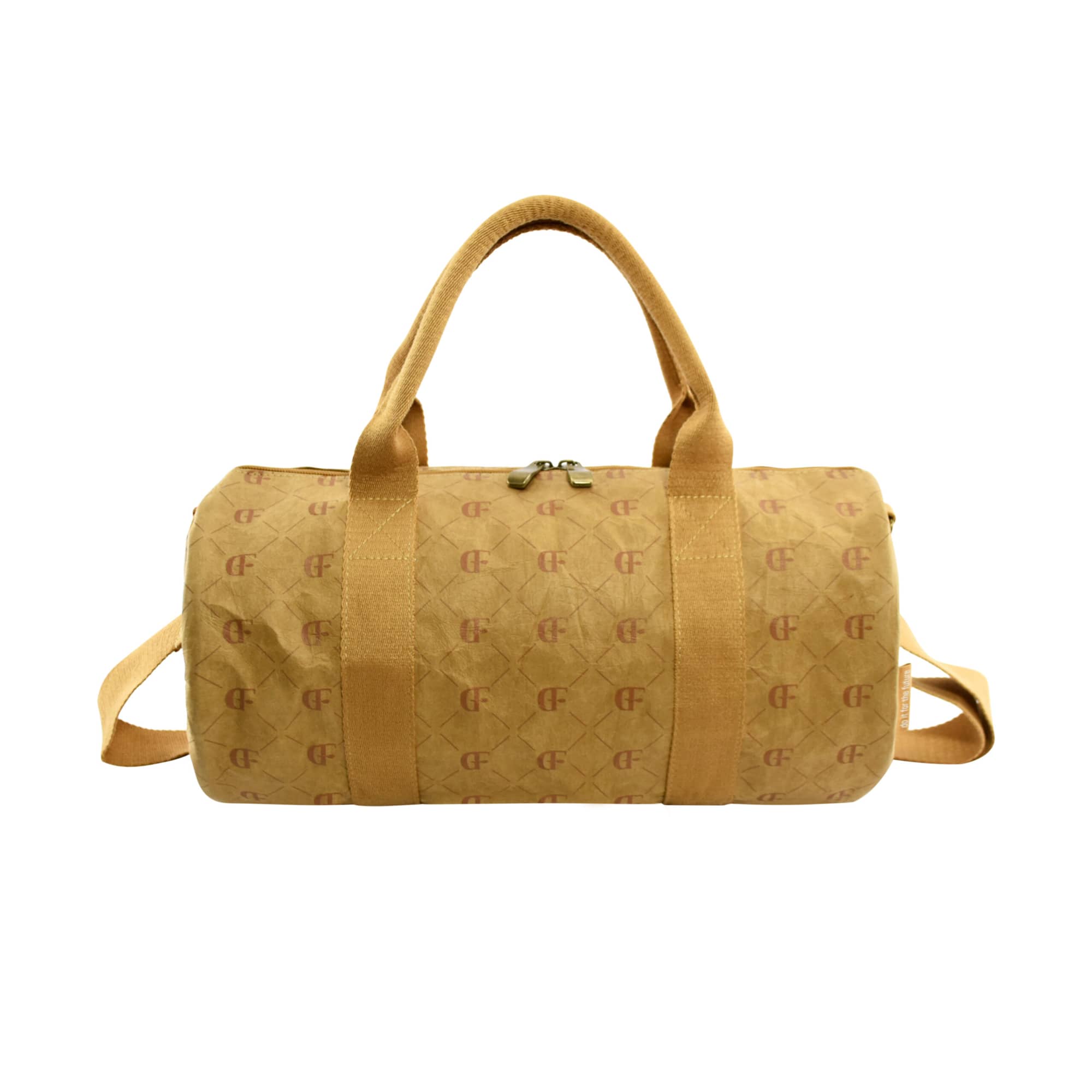 A yellow Manila Kraft paper duffle bag with handles and a shoulder strap, featuring a subtle logo pattern.