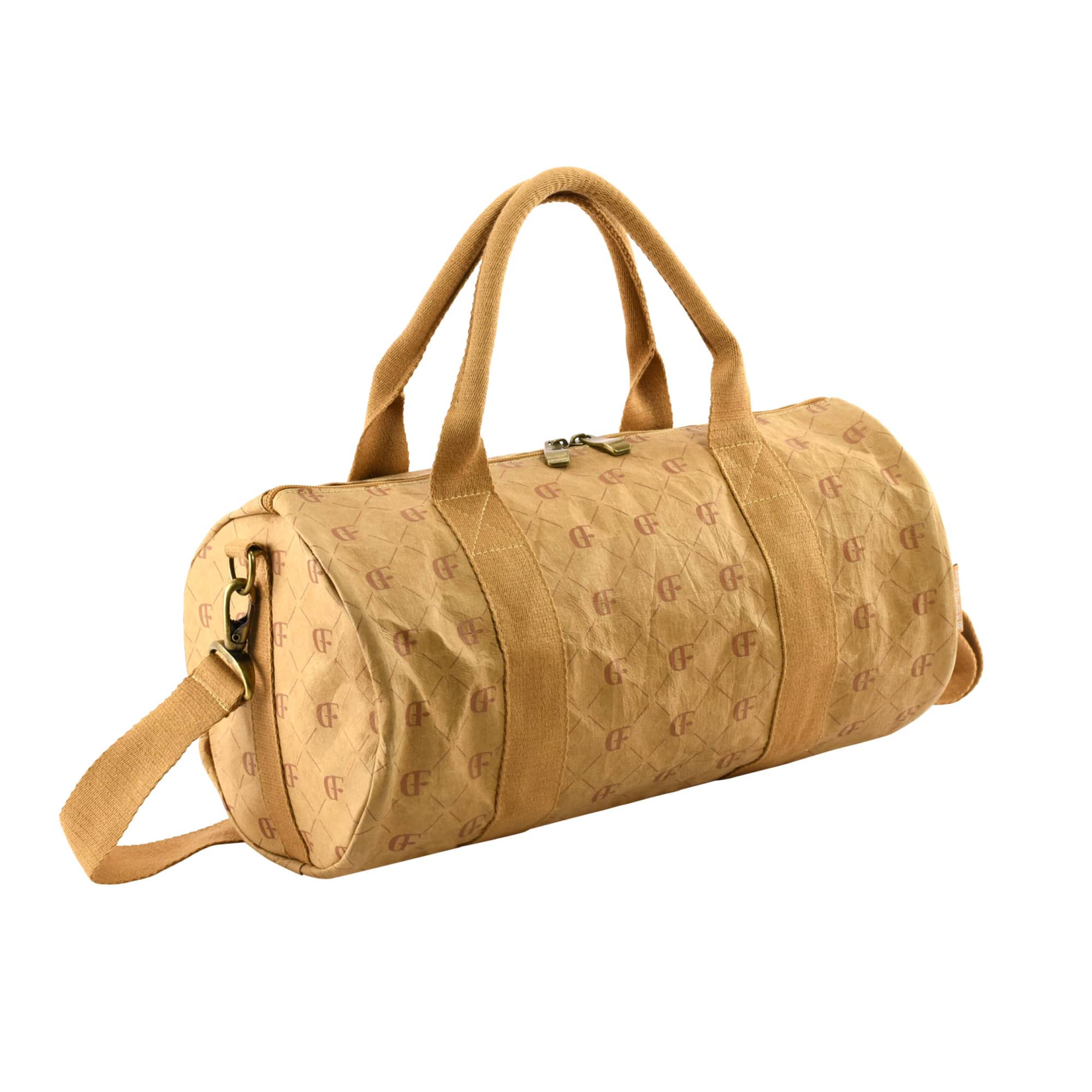 A Manila kraft paper duffle bag in a light brown shade, featuring two handles and a detachable shoulder strap.