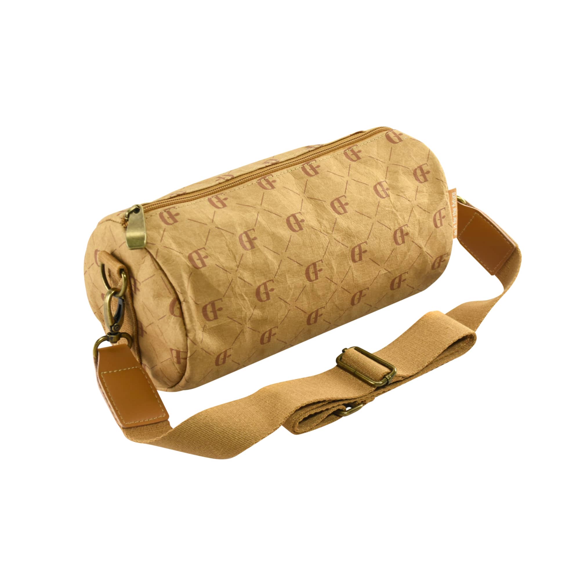 A tan Kraft paper duffle bag with a patterned design and adjustable strap, featuring a logo.