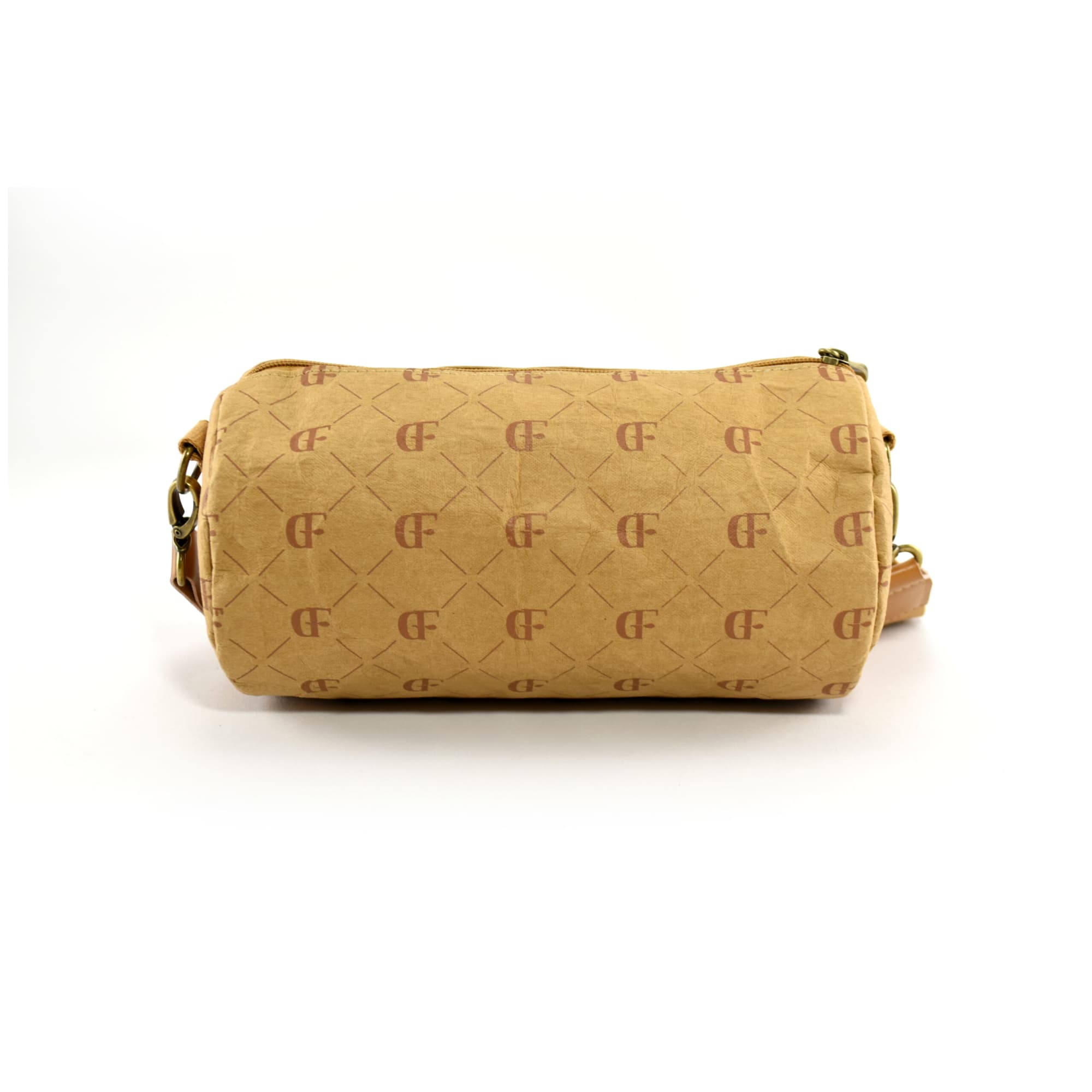 A kraft paper duffle bag in brown with a patterned design and a sturdy strap. Features a branding logo.