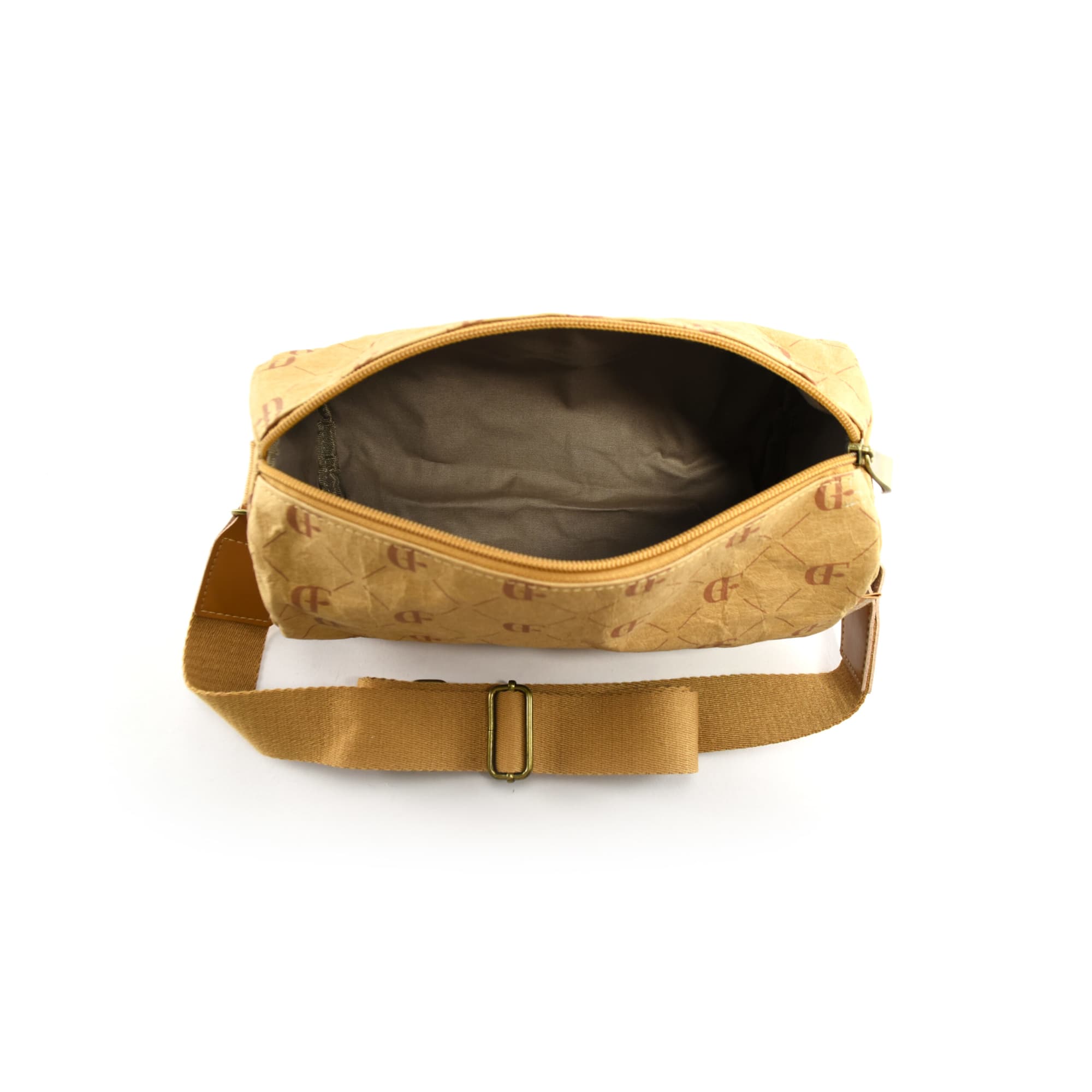 A tan kraft paper duffle bag with an open zipper and a soft interior, featuring a shoulder strap and a logo.