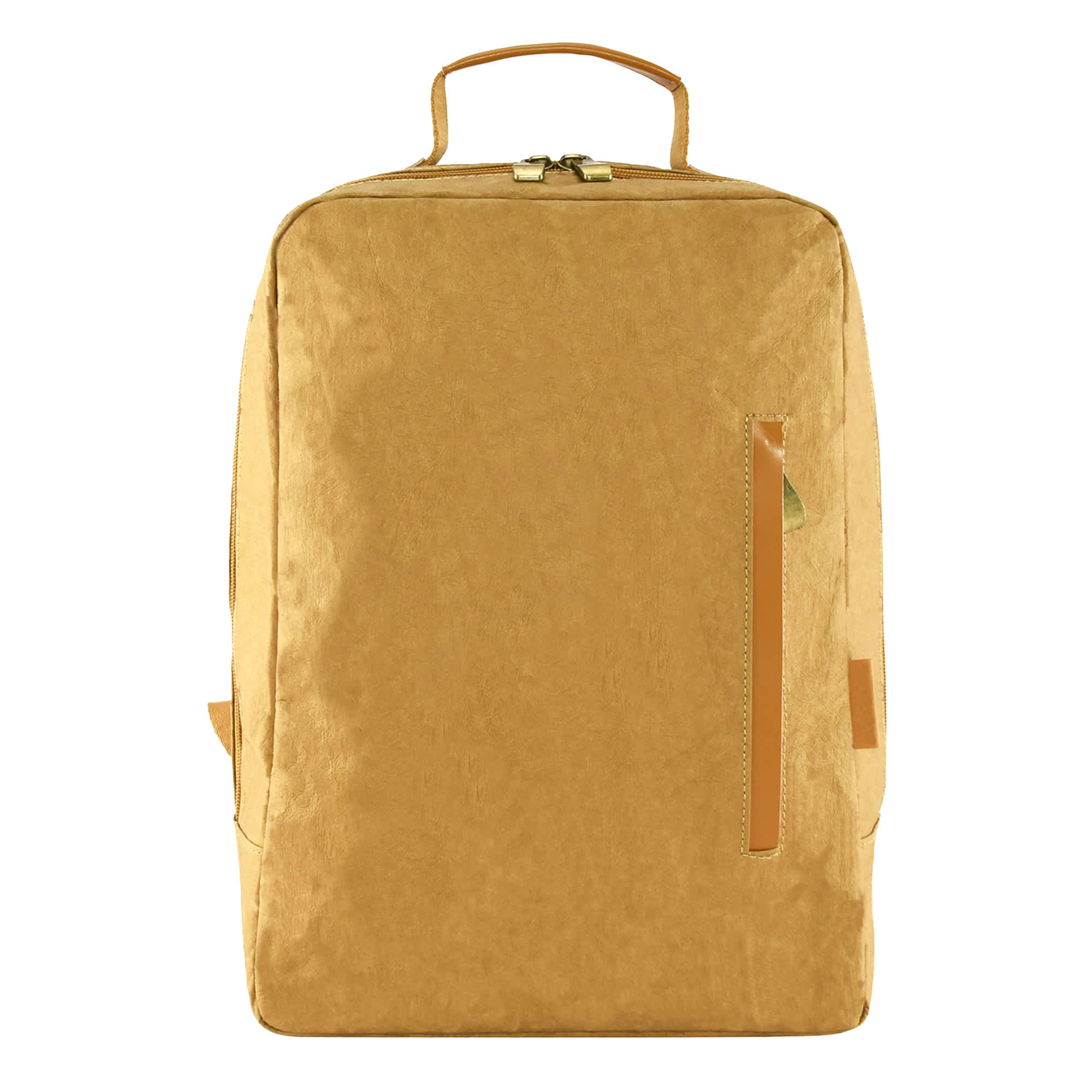 A yellow kraft paper laptop backpack with a top handle and a side zip pocket. It features a minimalist design and a logo.